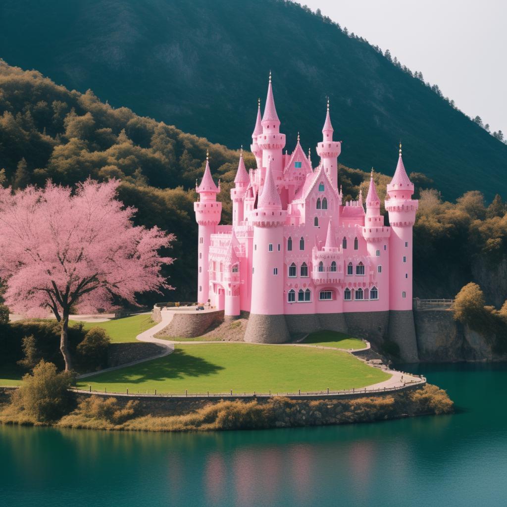 Pink castle with lake by @ai_generated