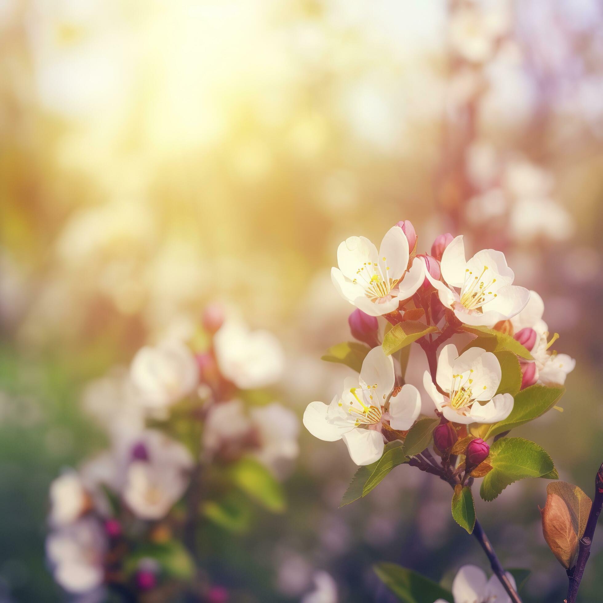 Beautiful nature scene with blooming flowers tree and sun flare, Beautiful Orchard , generat ai Stock Free