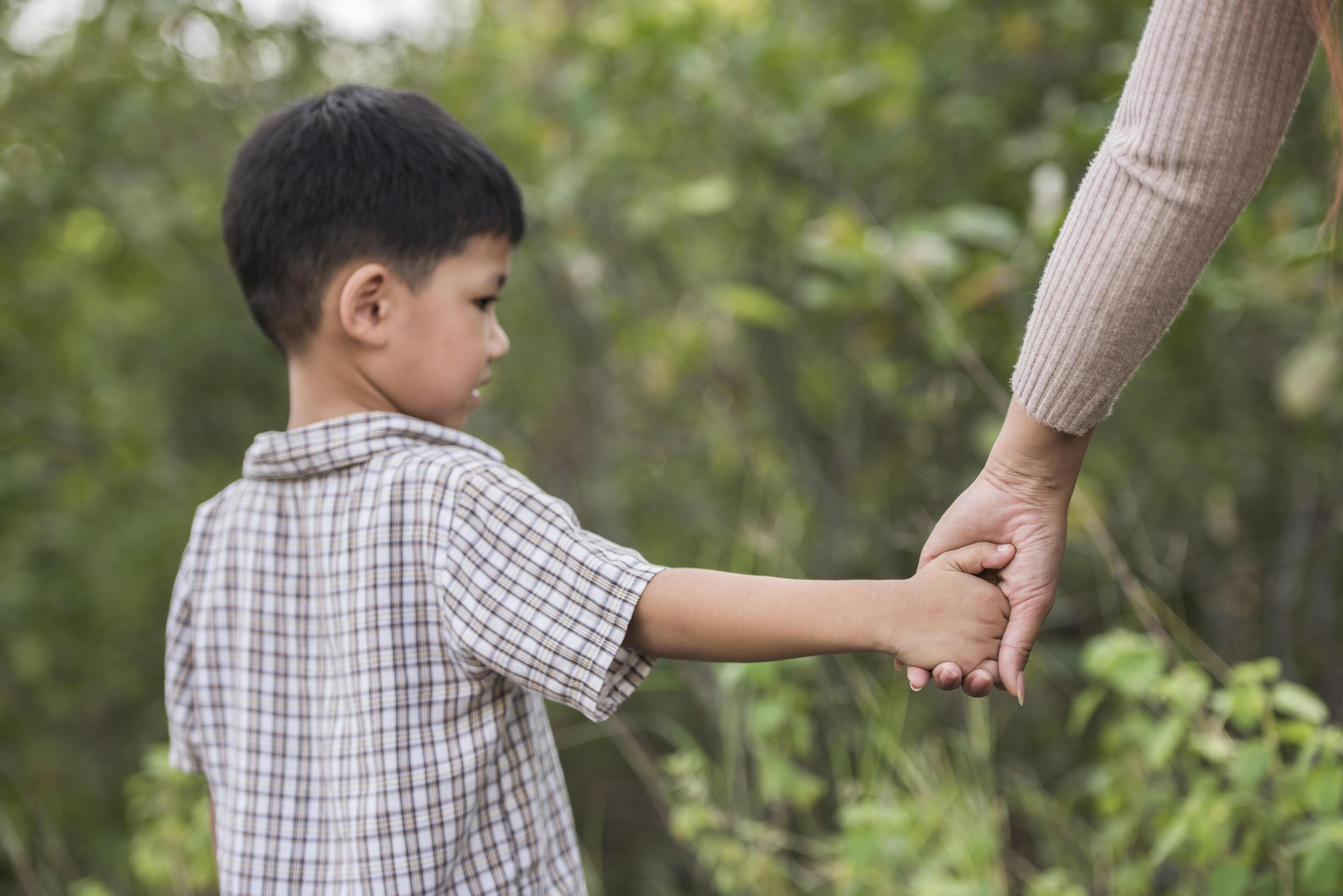 Close up of happy mum and son holding hand in a park. Family concept. Stock Free