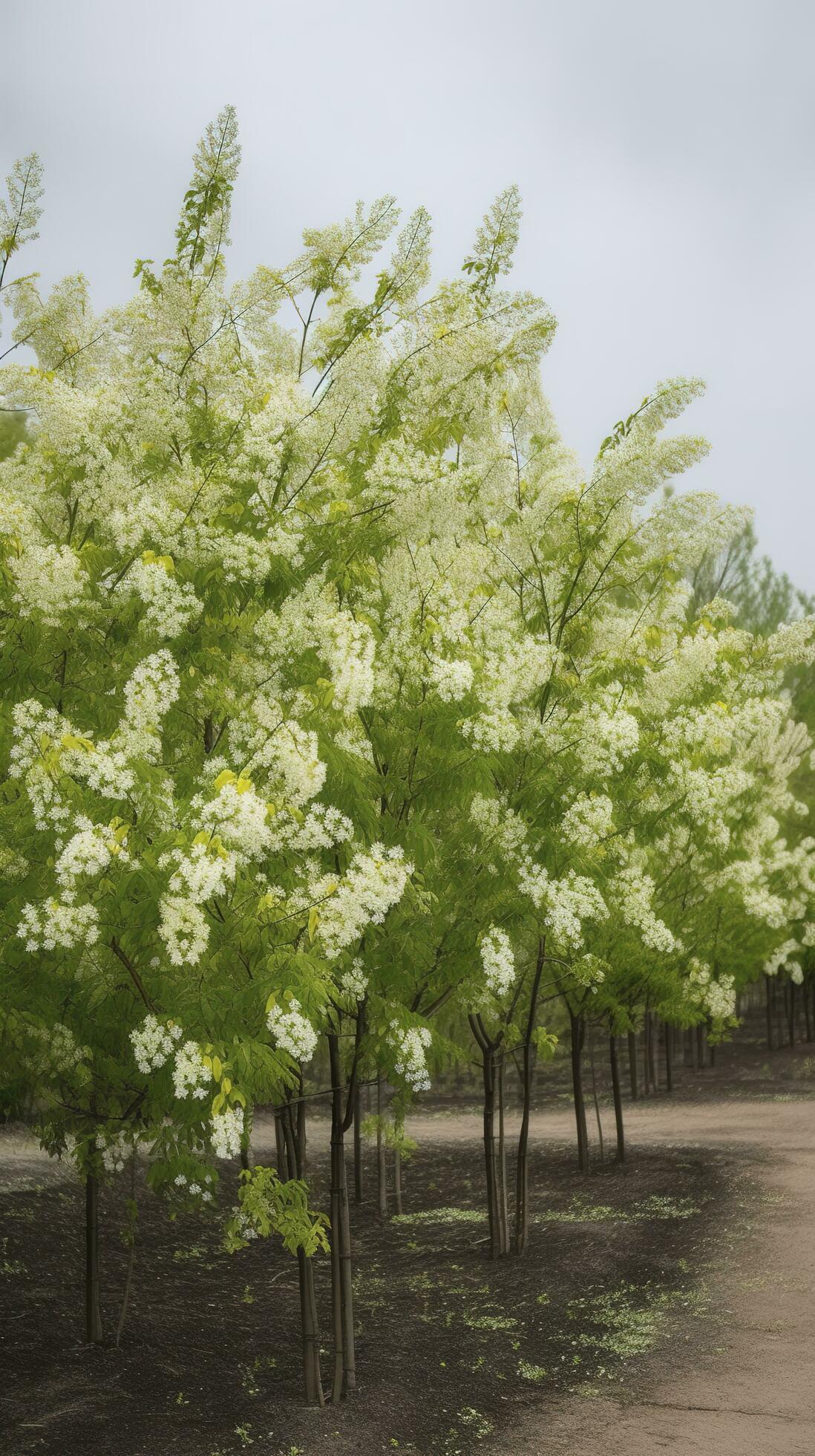 The green Sophora japonica trees are full of white Sophora japonica flowers, generate ai Stock Free