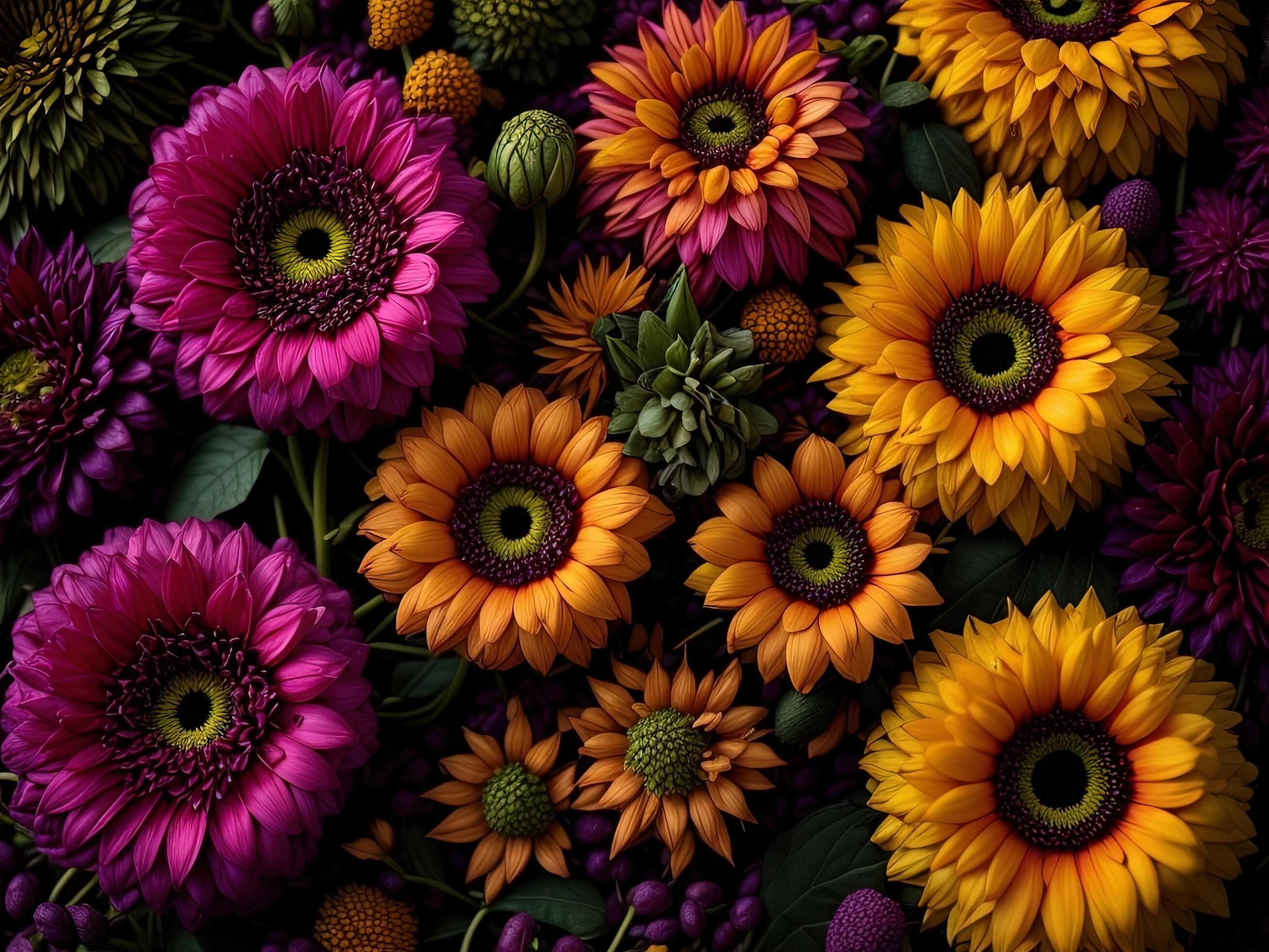 Colorful autumn flowers as background, top view. Floral pattern. Stock Free