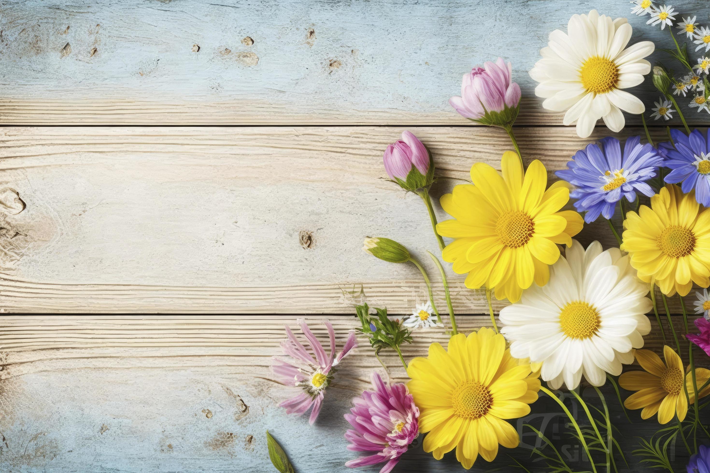 Garden flowers over wooden background stock photo Springtime, generate ai Stock Free