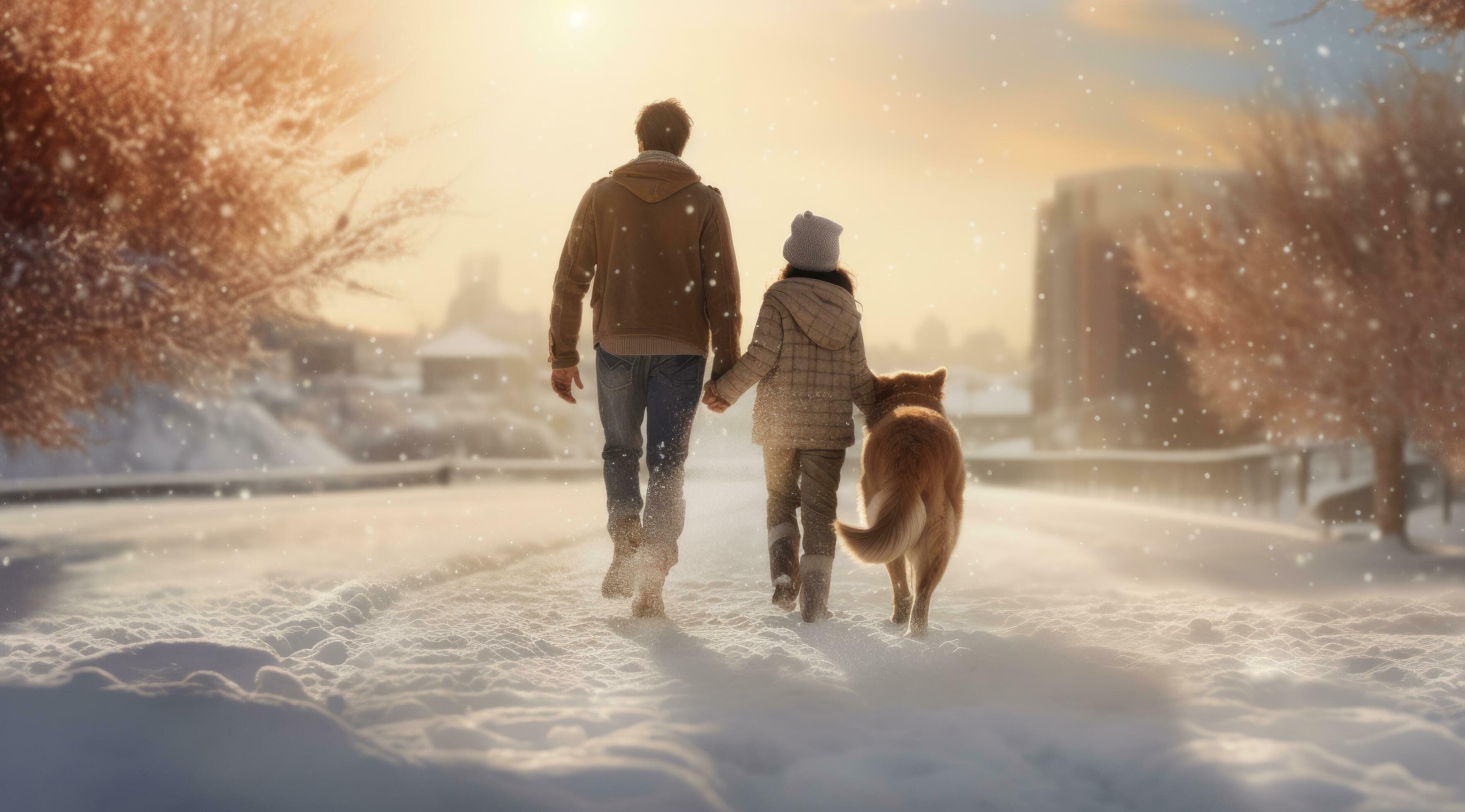 AI generated family with dog walking and playing in snow Stock Free