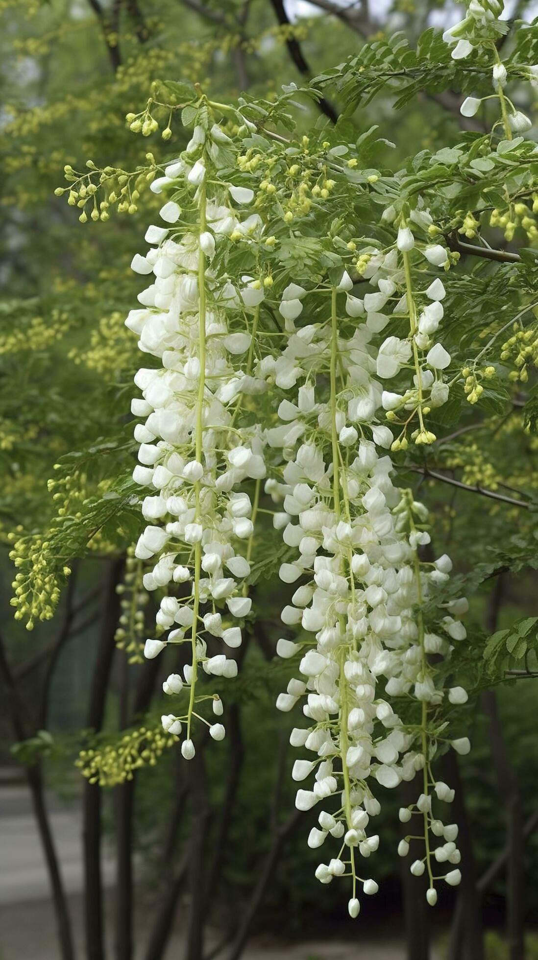 The green Sophora japonica trees are full of white Sophora japonica flowers, generate ai Stock Free