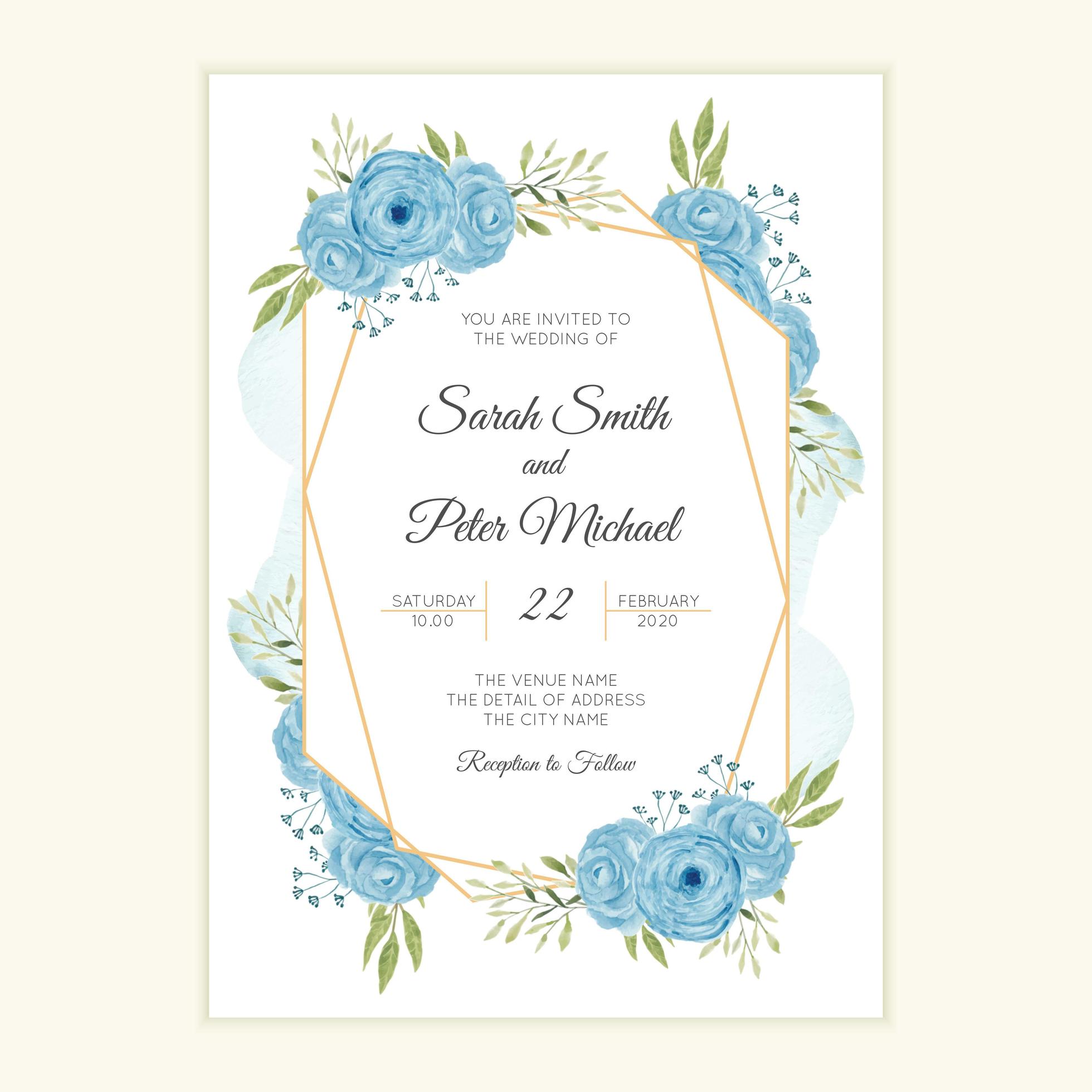 Rustic wedding invitation card with watercolor blue flower frame Stock Free