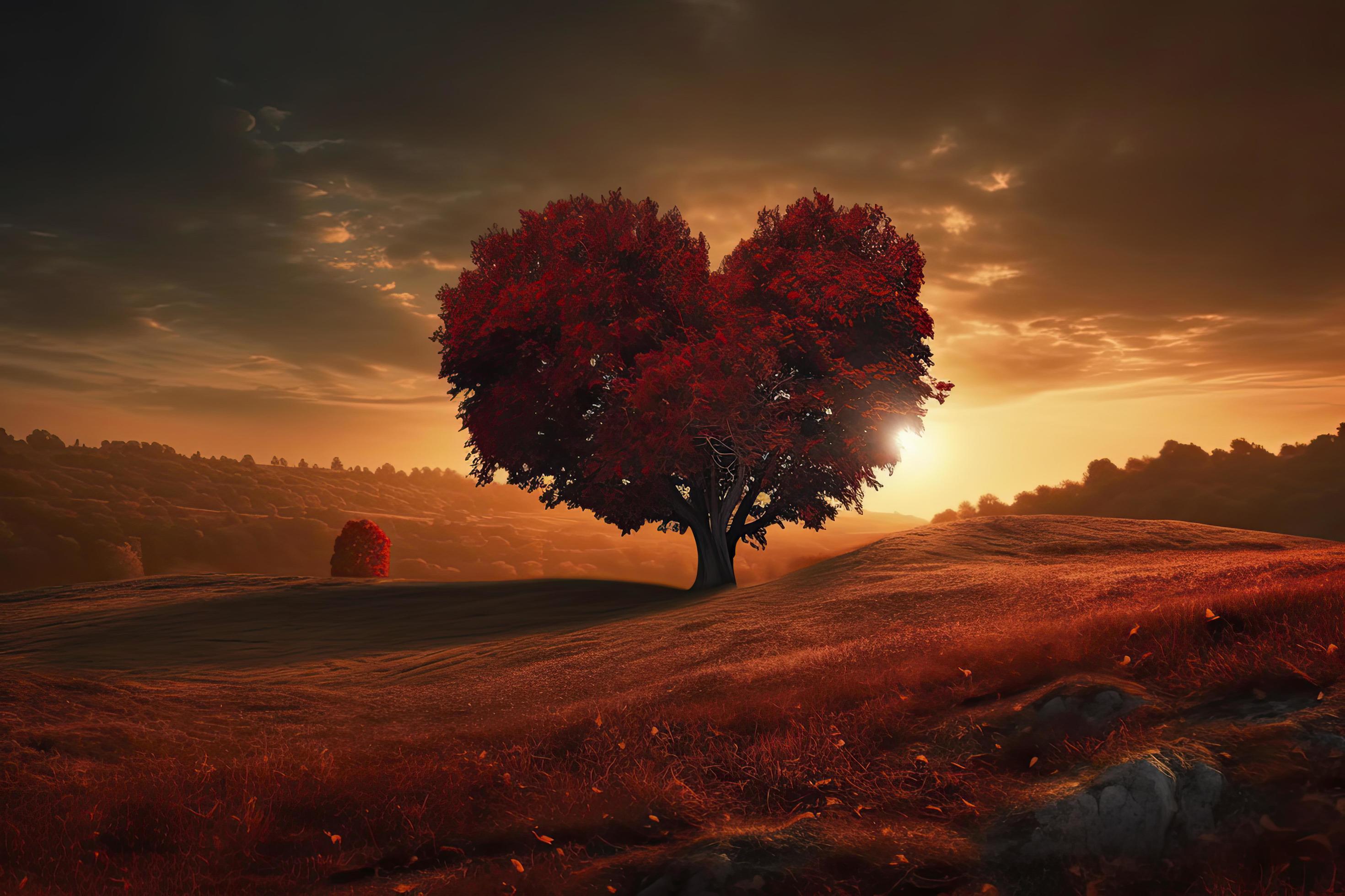 Heart Tree Love For Nature Red Landscape At Sunset Stock Free