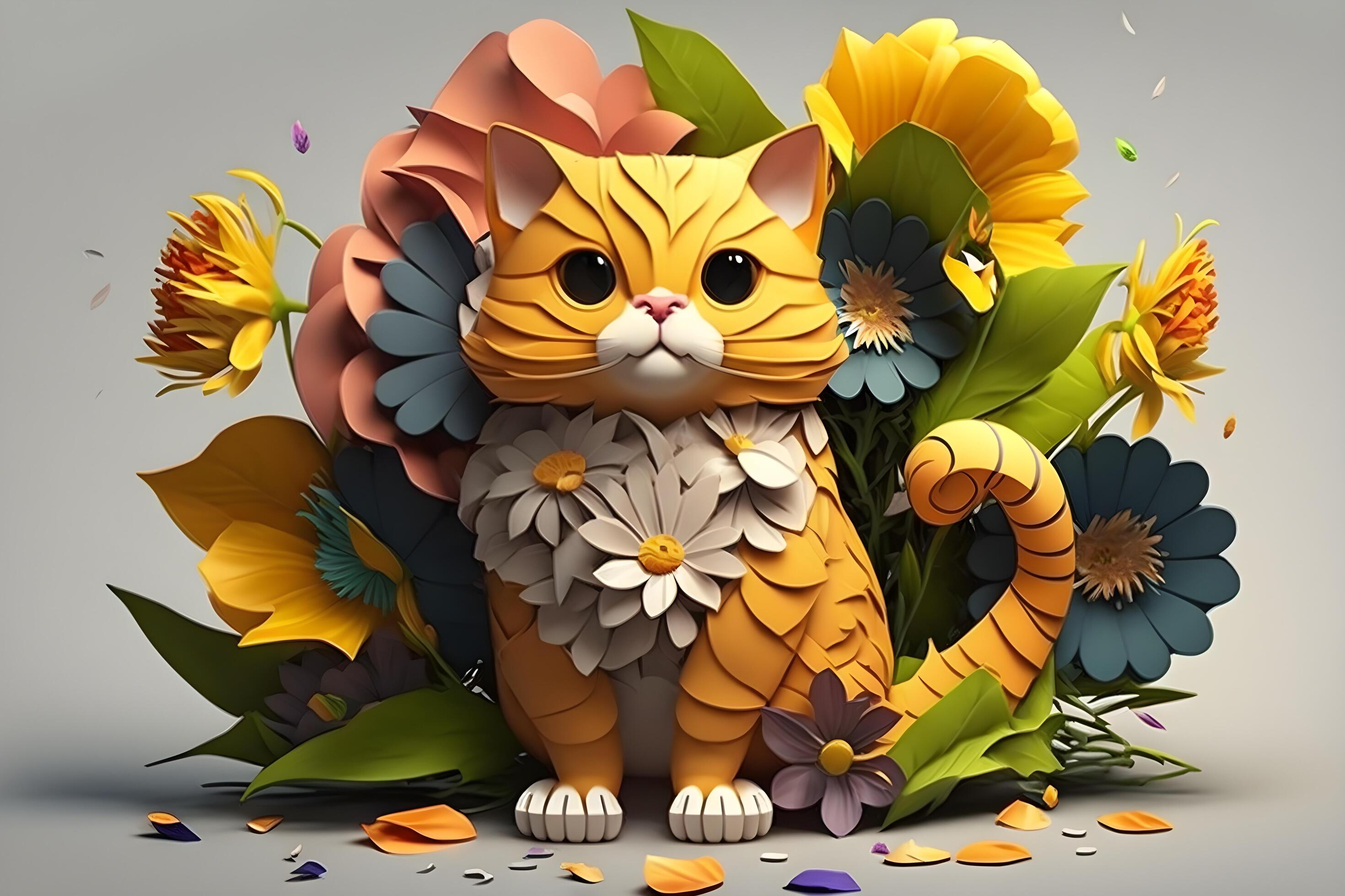 animated cat with flowers around created by teknology Stock Free