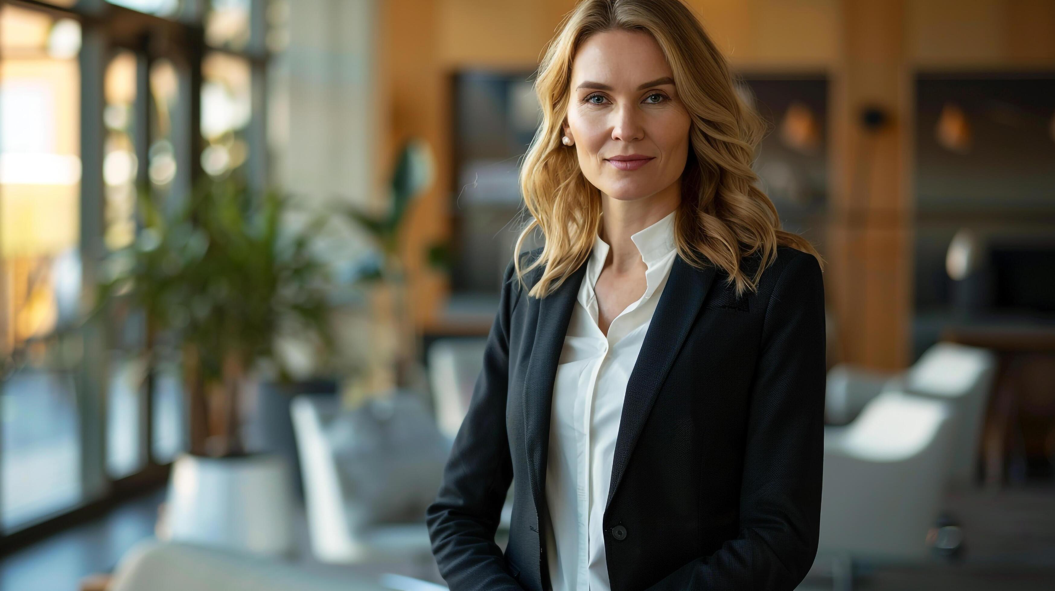 Woman in black jacket and white shirt standing in lobby Stock Free