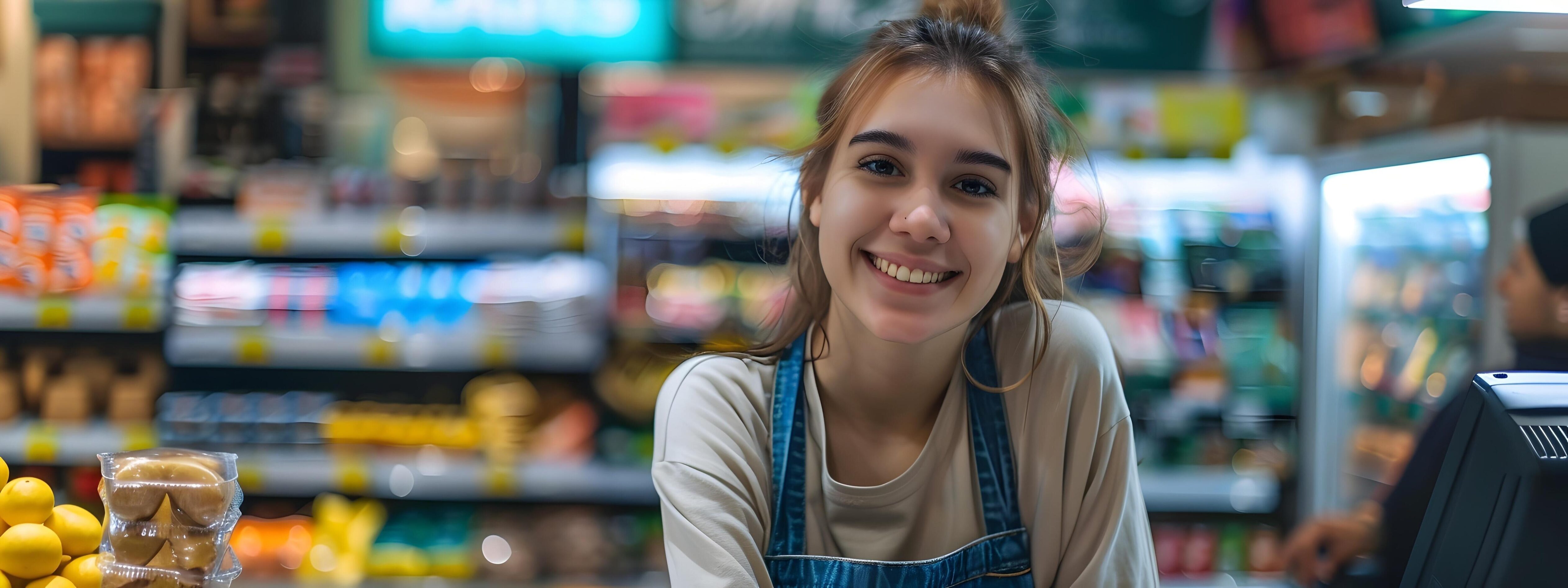 Cheerful Female Retail Worker Assisting Customers in Grocery Store Stock Free