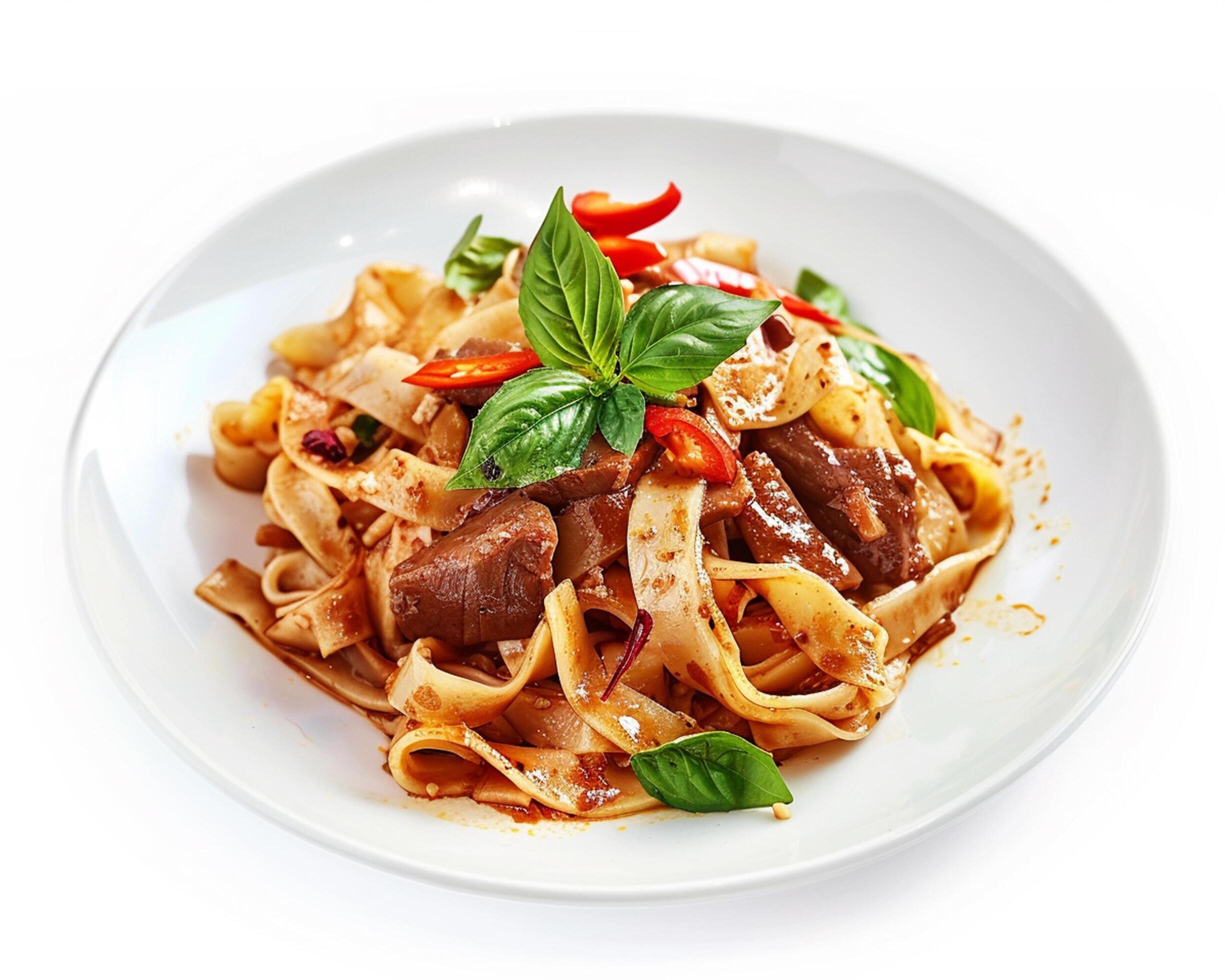 a plate of pasta with meat and vegetables Stock Free