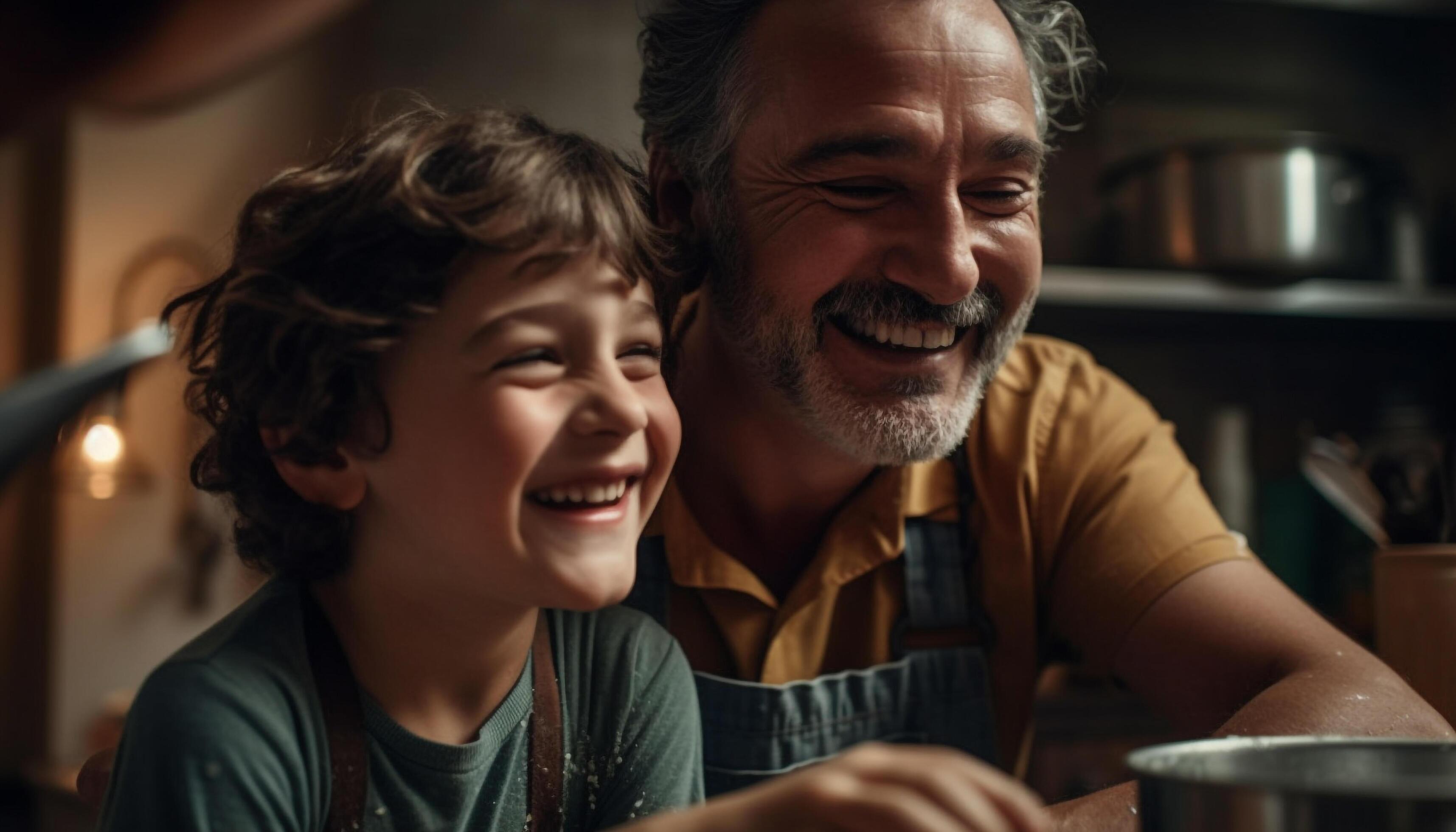 Caucasian family bonding in domestic kitchen, smiling and cheerful together generated by AI Stock Free