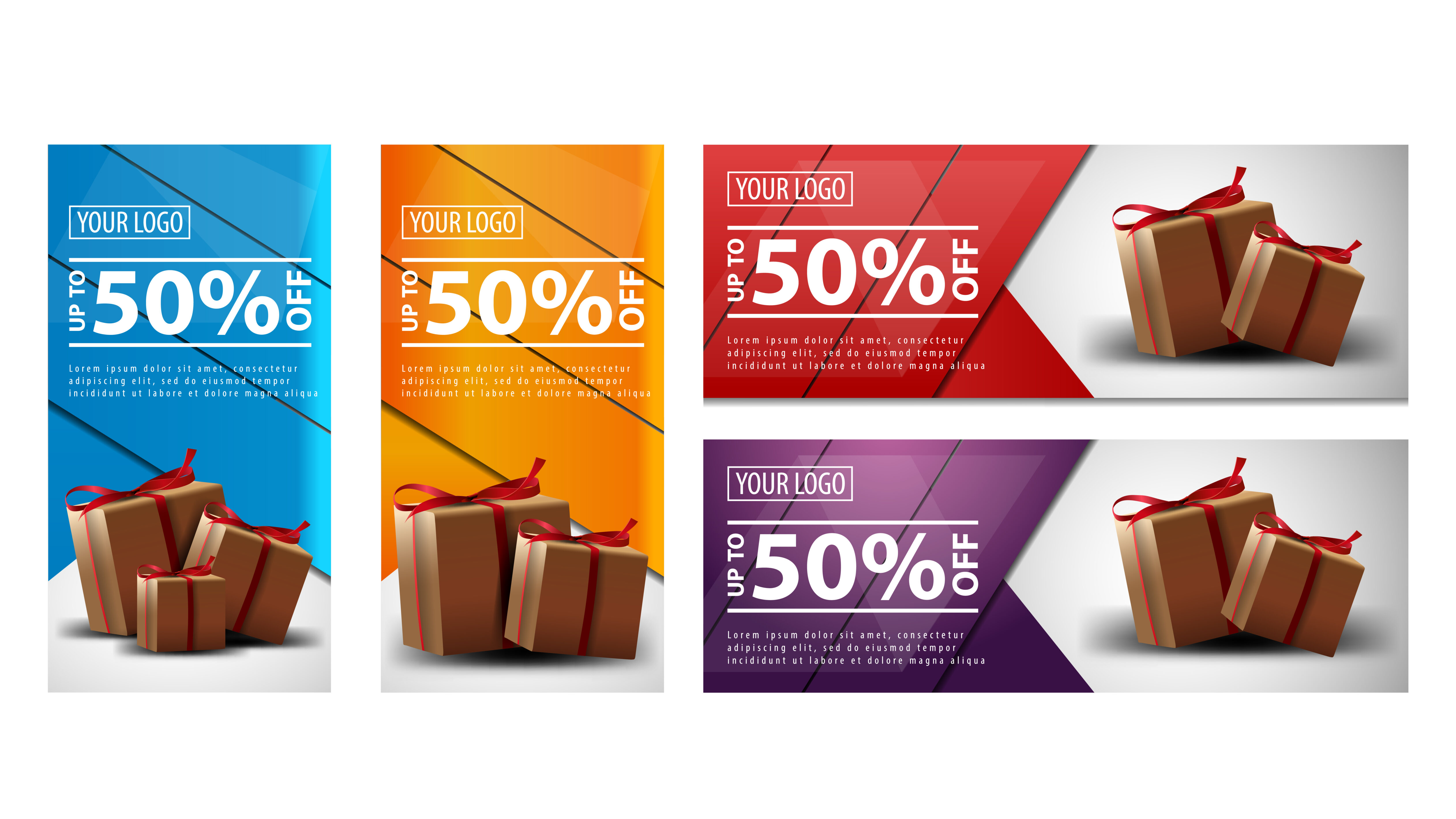 Set of vertical and horizontal discount banners with present boxes Free Vector