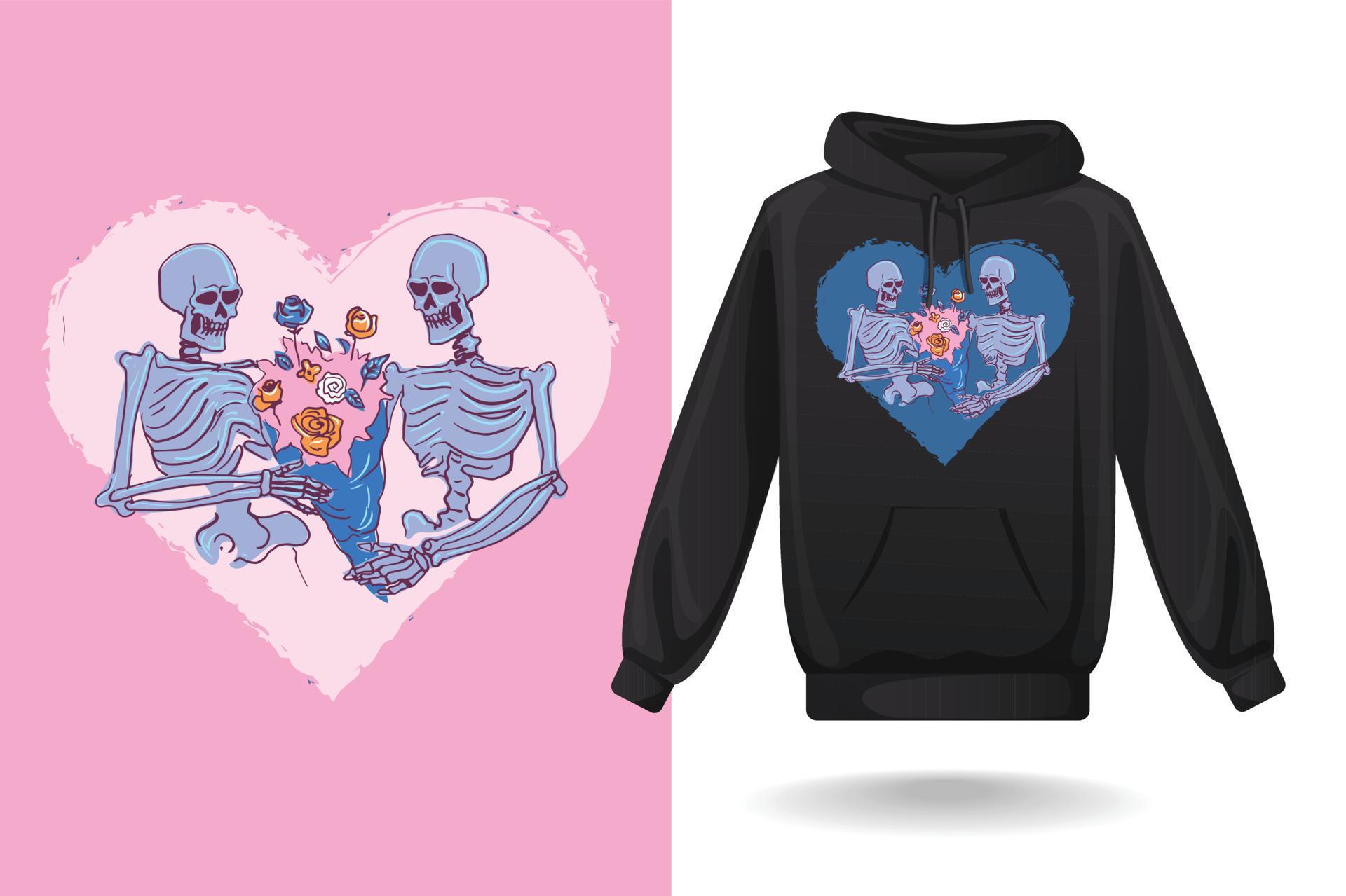 Love till death hoodie design vector art , skeleton couples with flowers on head, skull couples vector illustration Stock Free