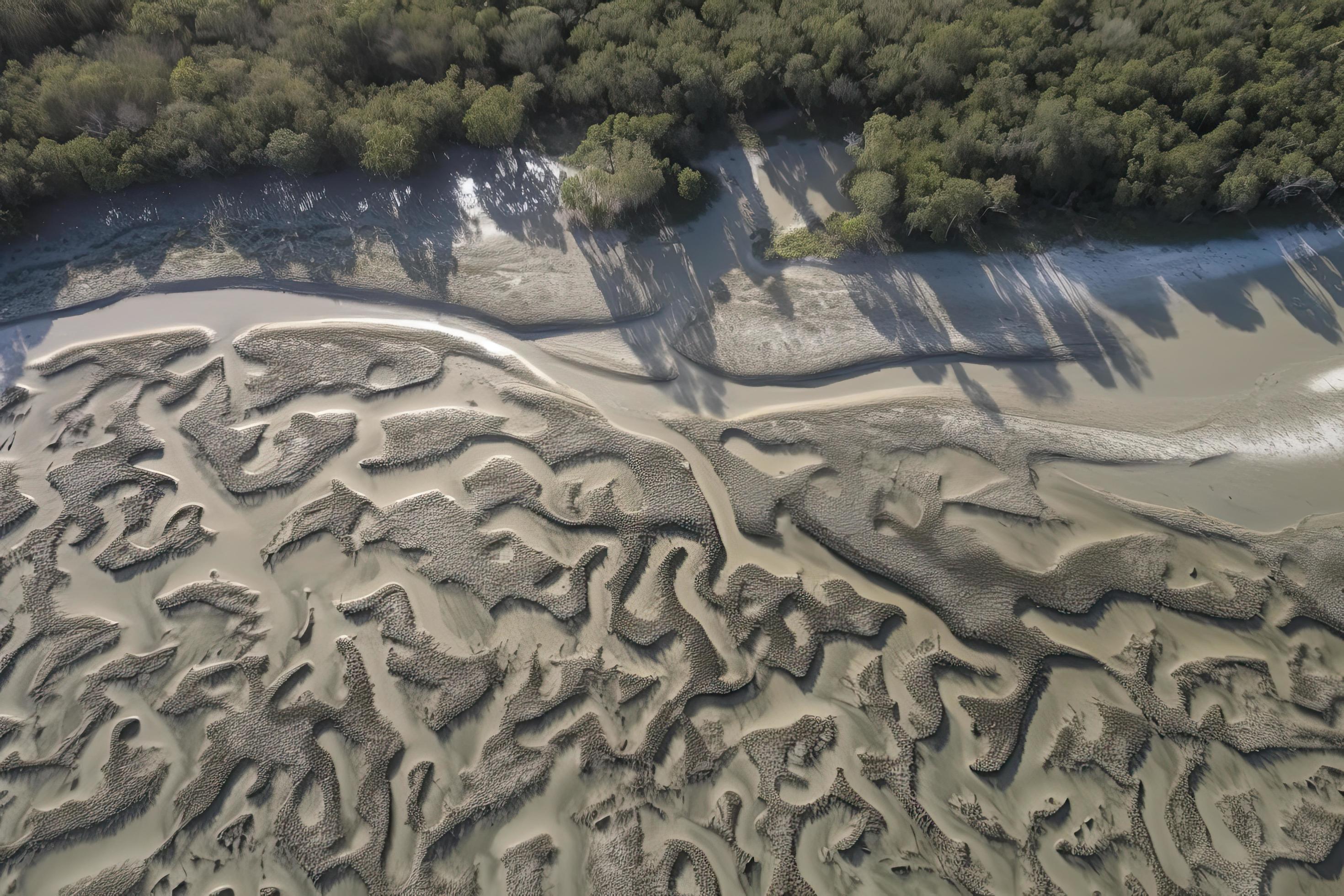 Aerial view of natural patterns in the sand at low tide near mangrove tree forest. Stock Free