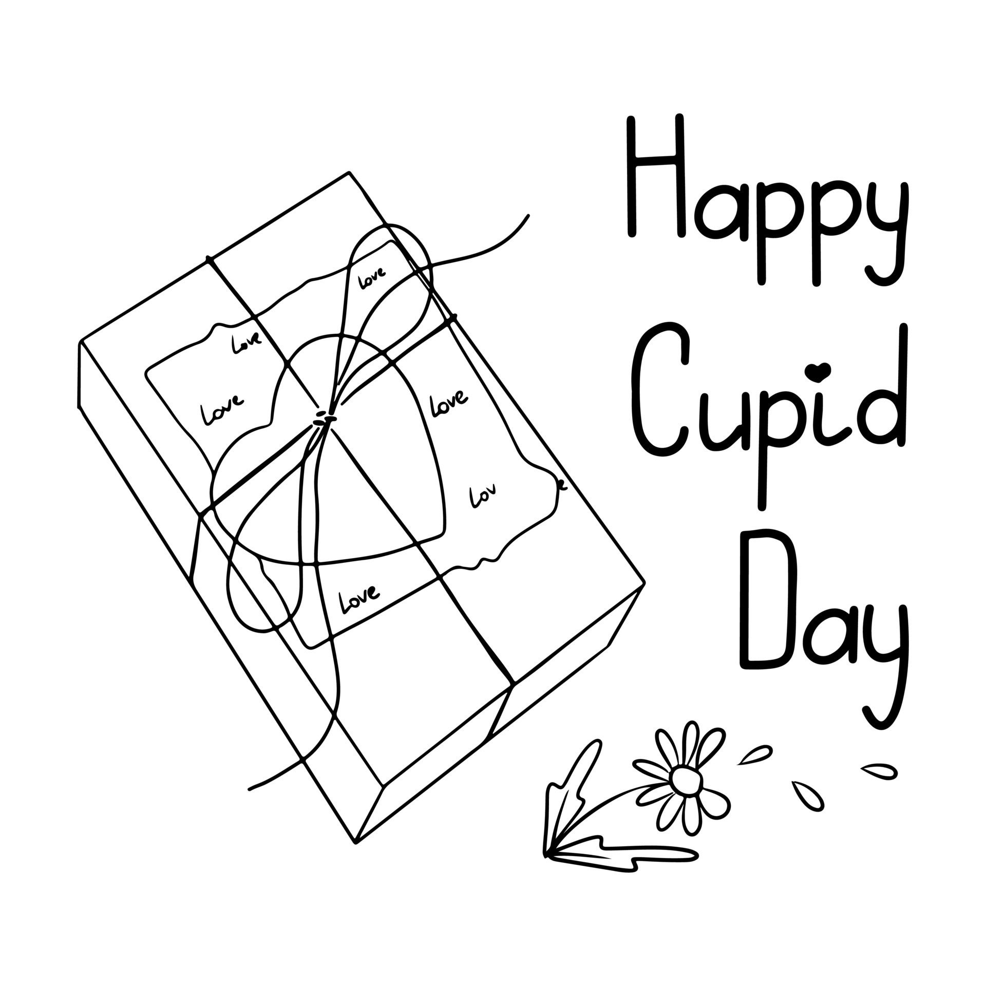 Doodle lettering on St valentines day with gift. Vector outline hand drawn illustration on white background. Good for printout, background, banner Free Vector