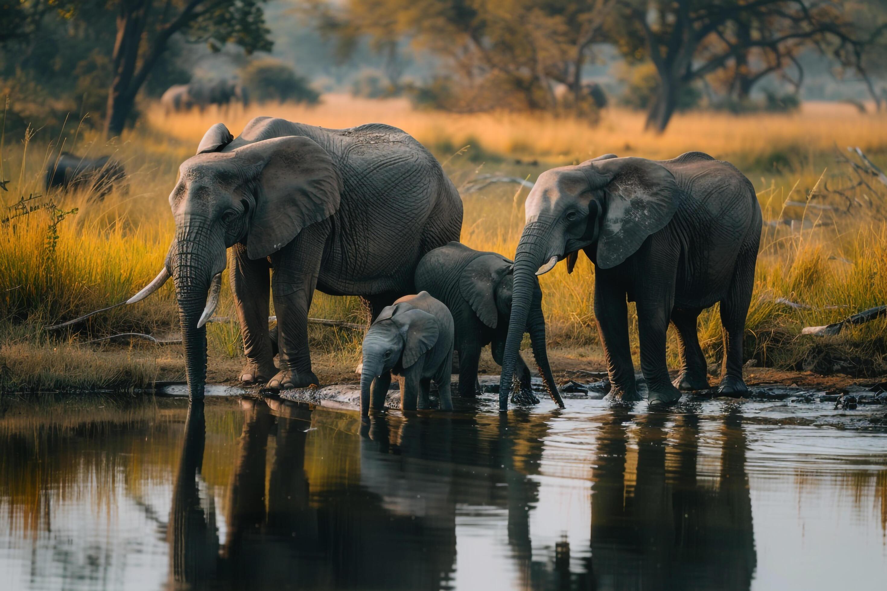 Family of Elephants Drinking at a Watering Hole Nature Background Stock Free