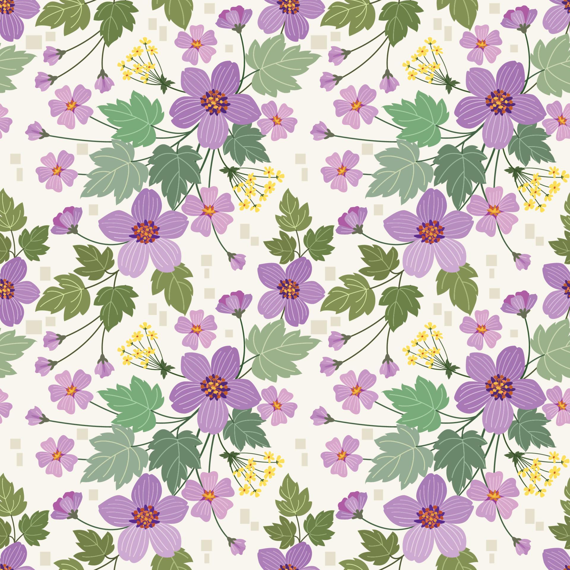 Purple flowers design with green leaf on yellow background. Stock Free