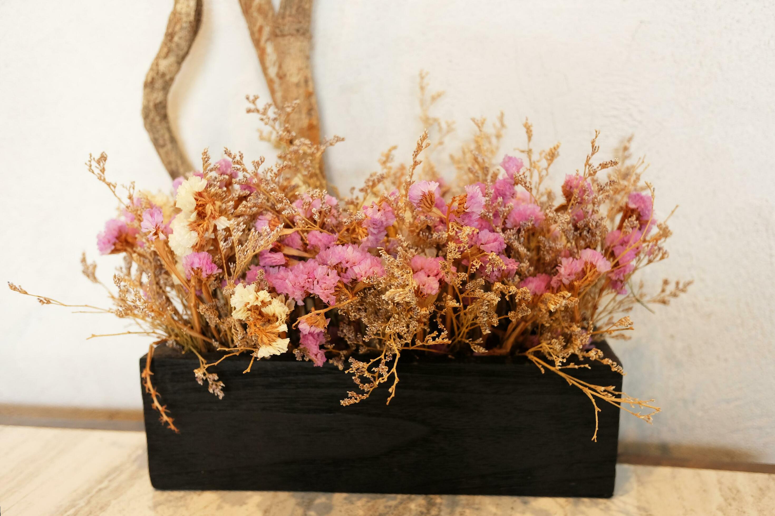 Dry pink and white flowers in wooden pot decorative in house and indoor area Stock Free