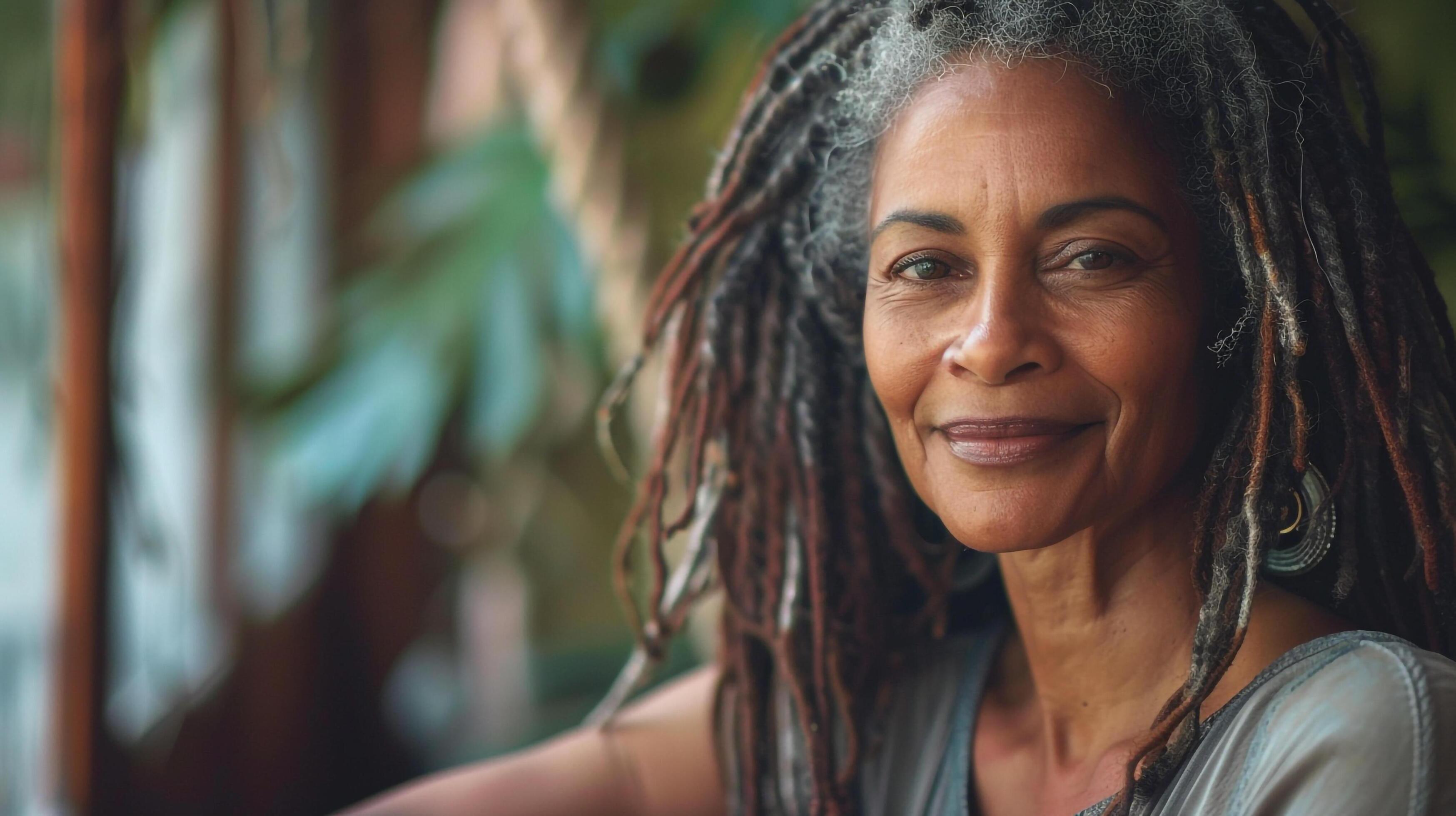 Happy woman with dreadlocks by window Stock Free