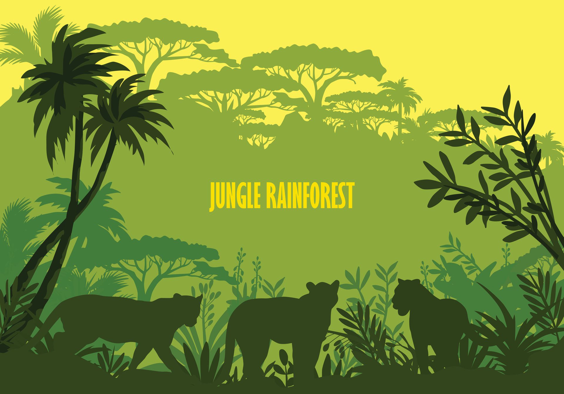 Jungle rain forest background. Exotic flora with copy space for background design, banner with silhouette of tropical plant and animals. Free Vector