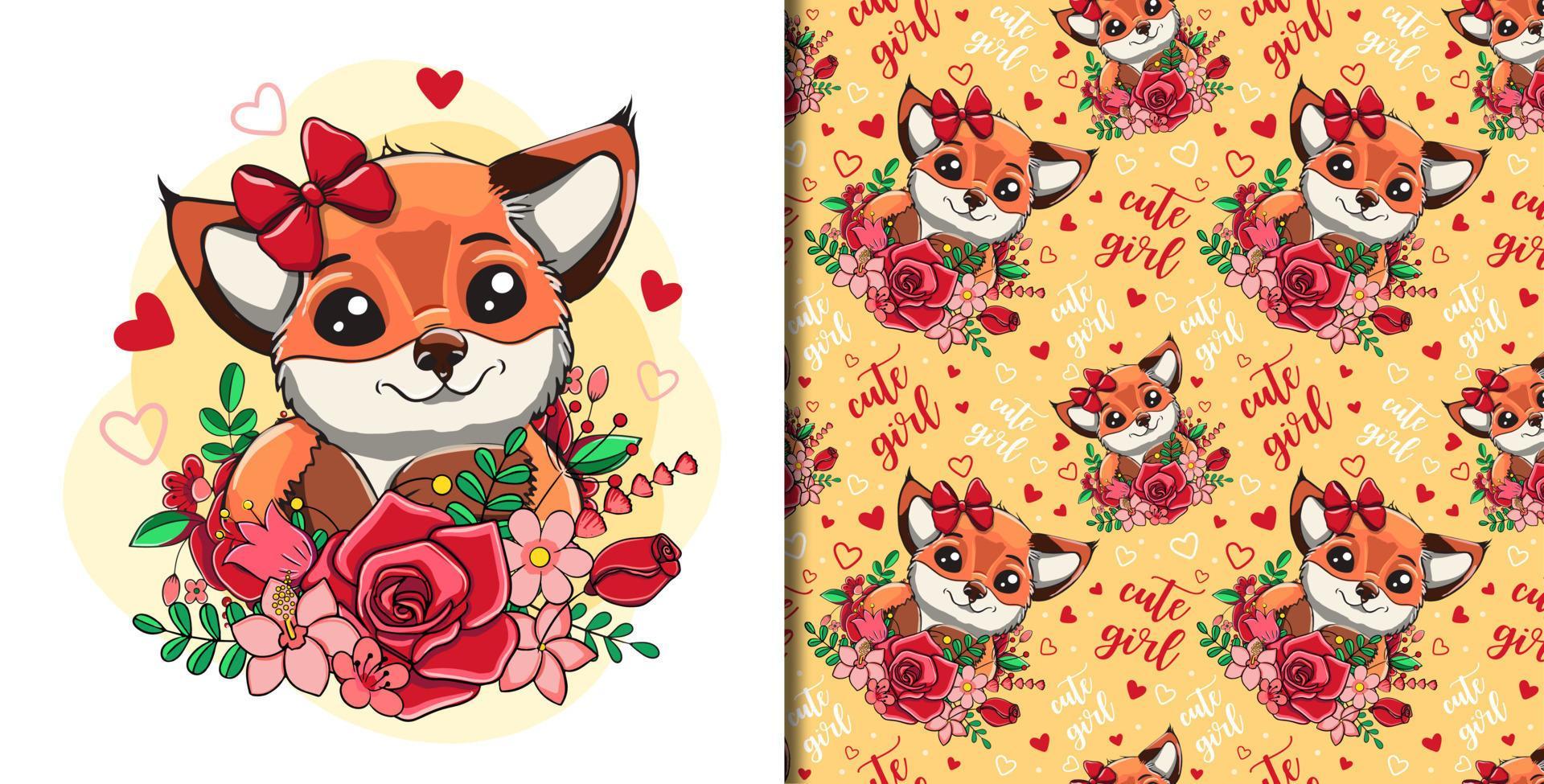 Cute Cartoon Fox print with flowers vector seamless pattern Stock Free