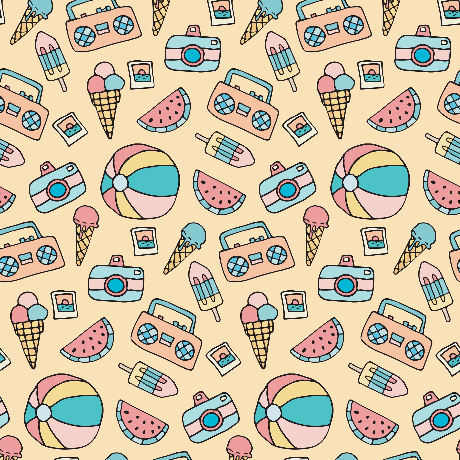 retro summer vibes with this colorful pattern featuring ice cream, beach balls, and tropical elements, doodle beach vacation texture Free Vector