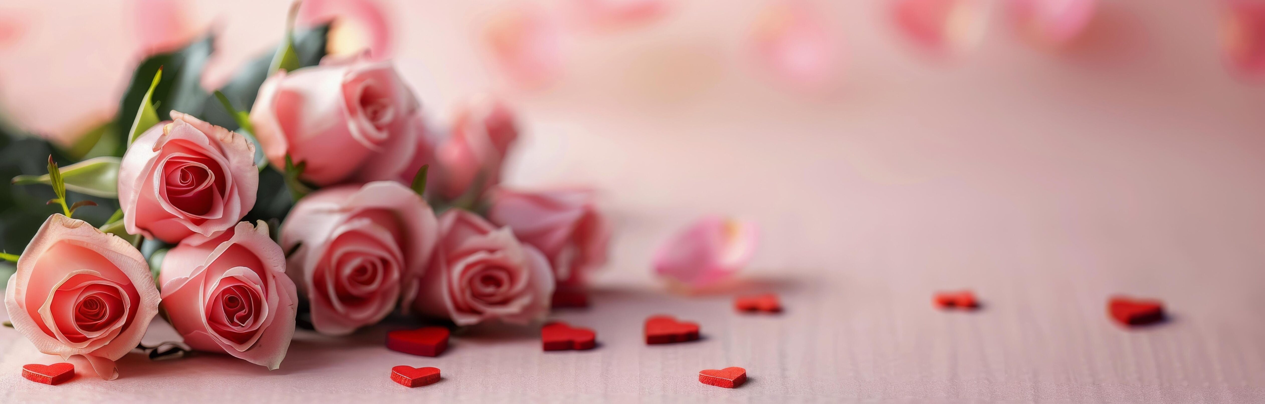 Romantic Bouquet of Pink Roses Surrounded by Heart-Shaped Decorations on Soft Background Stock Free