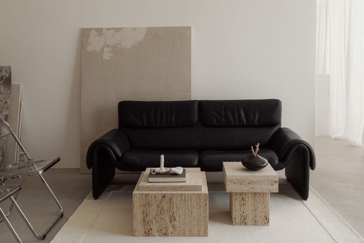 Interior Inspo: Warm Minimalist Living Room – de Sede DS-2011 Leather Sofa and Travertine Furniture Stock Free