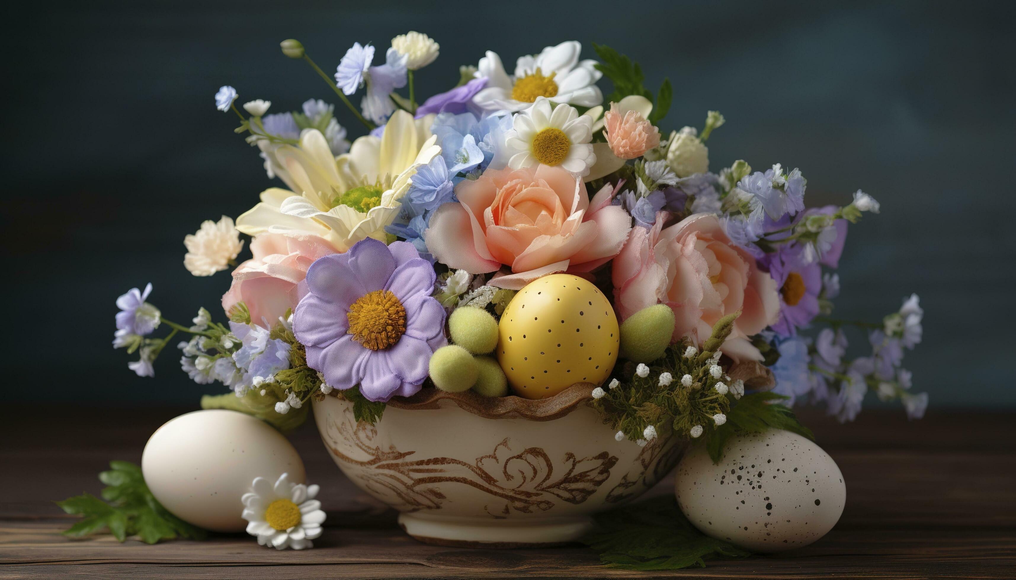 Easter Egg Decoration With Flower Bouquet, generate ai Stock Free