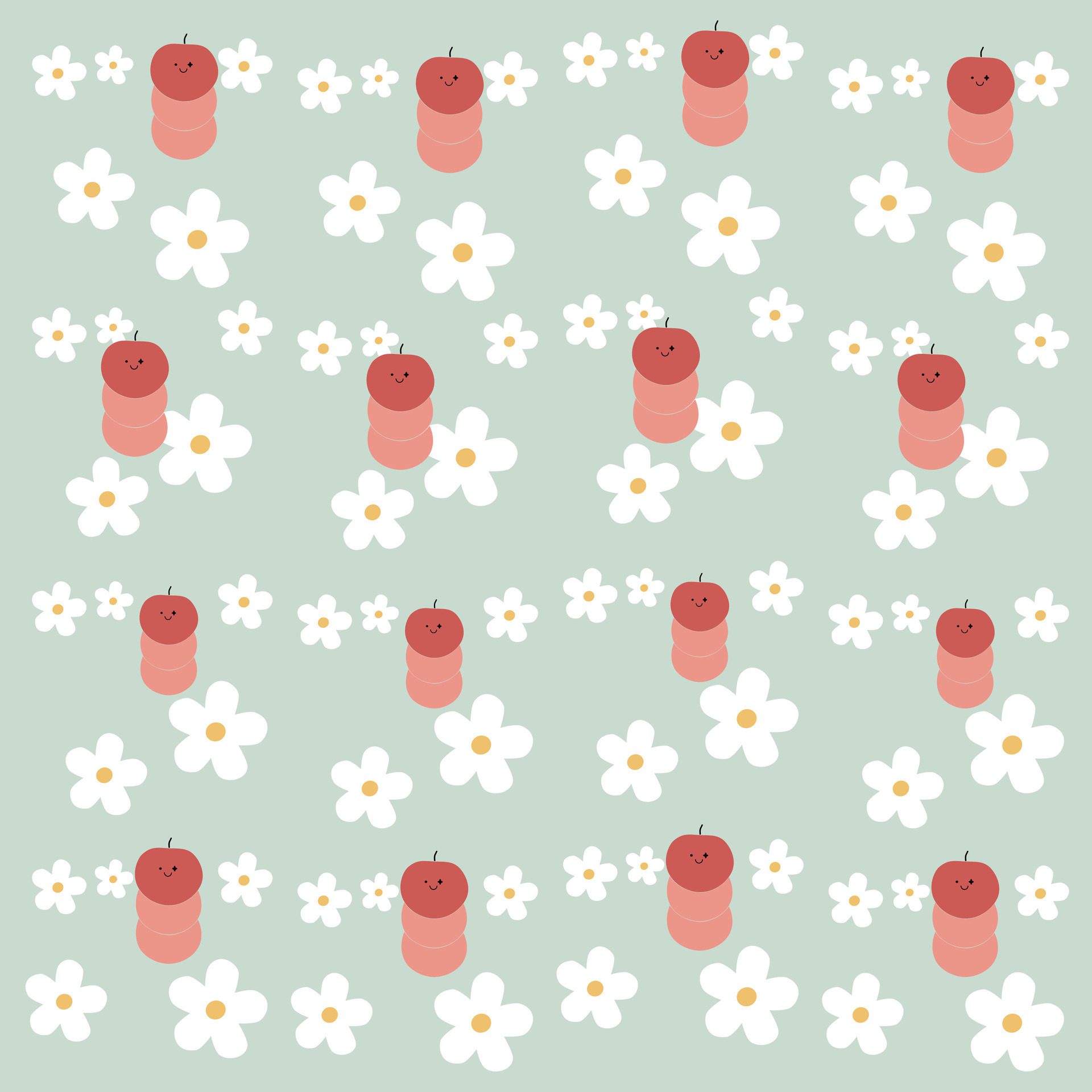 Hand drawn cute apple and white flowers pattern. Apple fruit pattern on green background. Fruit Background. Pattern for fabric Free Vector