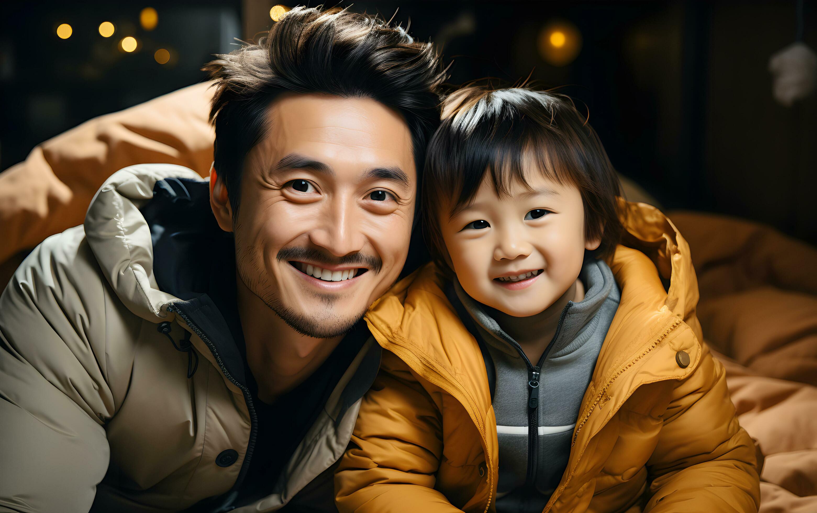 Family man Asian father is smiling with cute son child is wearing overcoat together. AI Generated Stock Free