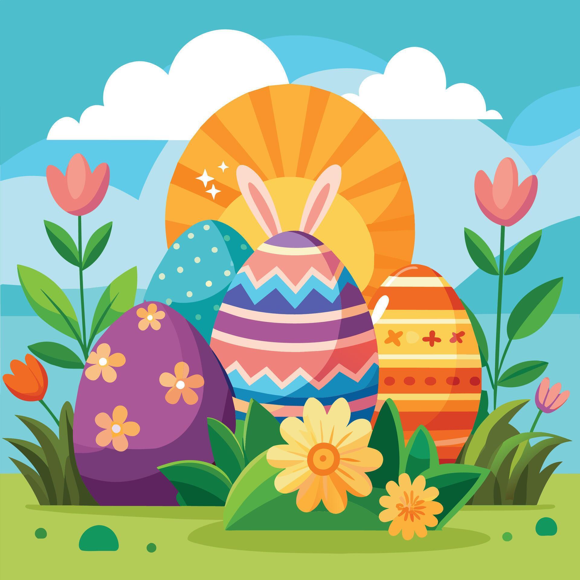 happy easter card with eggs and flowers vector illustration design vector illustration Stock Free