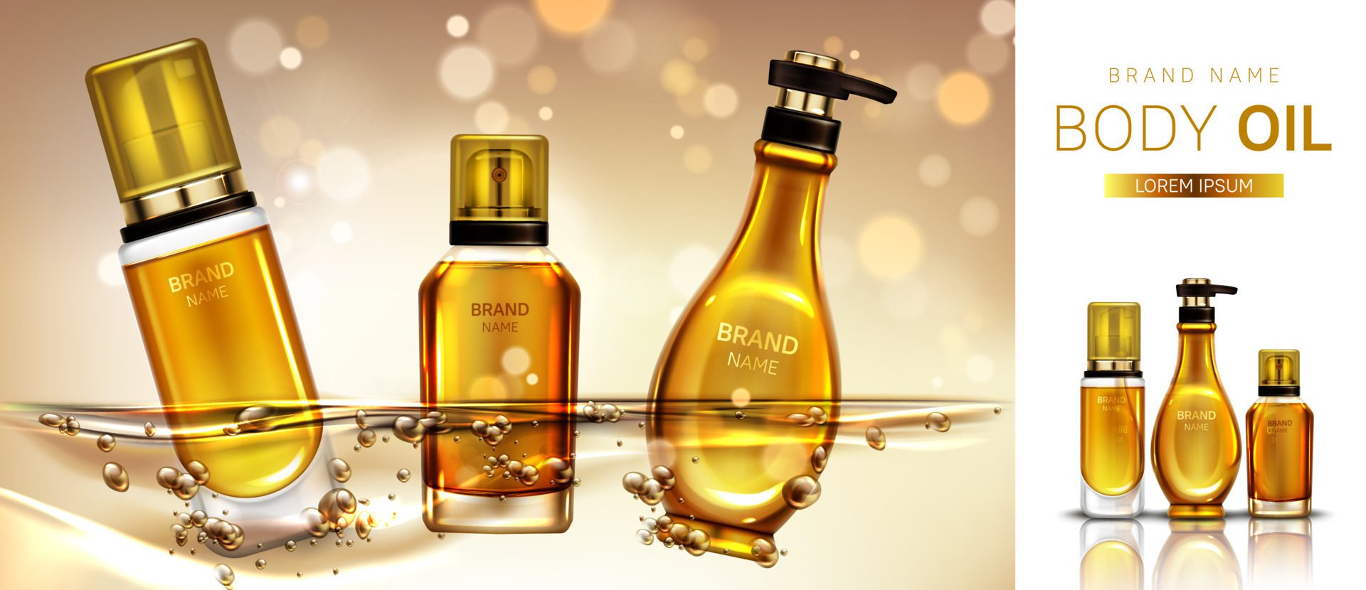 Body oil cosmetics product bottles mockup banner. Free Vector