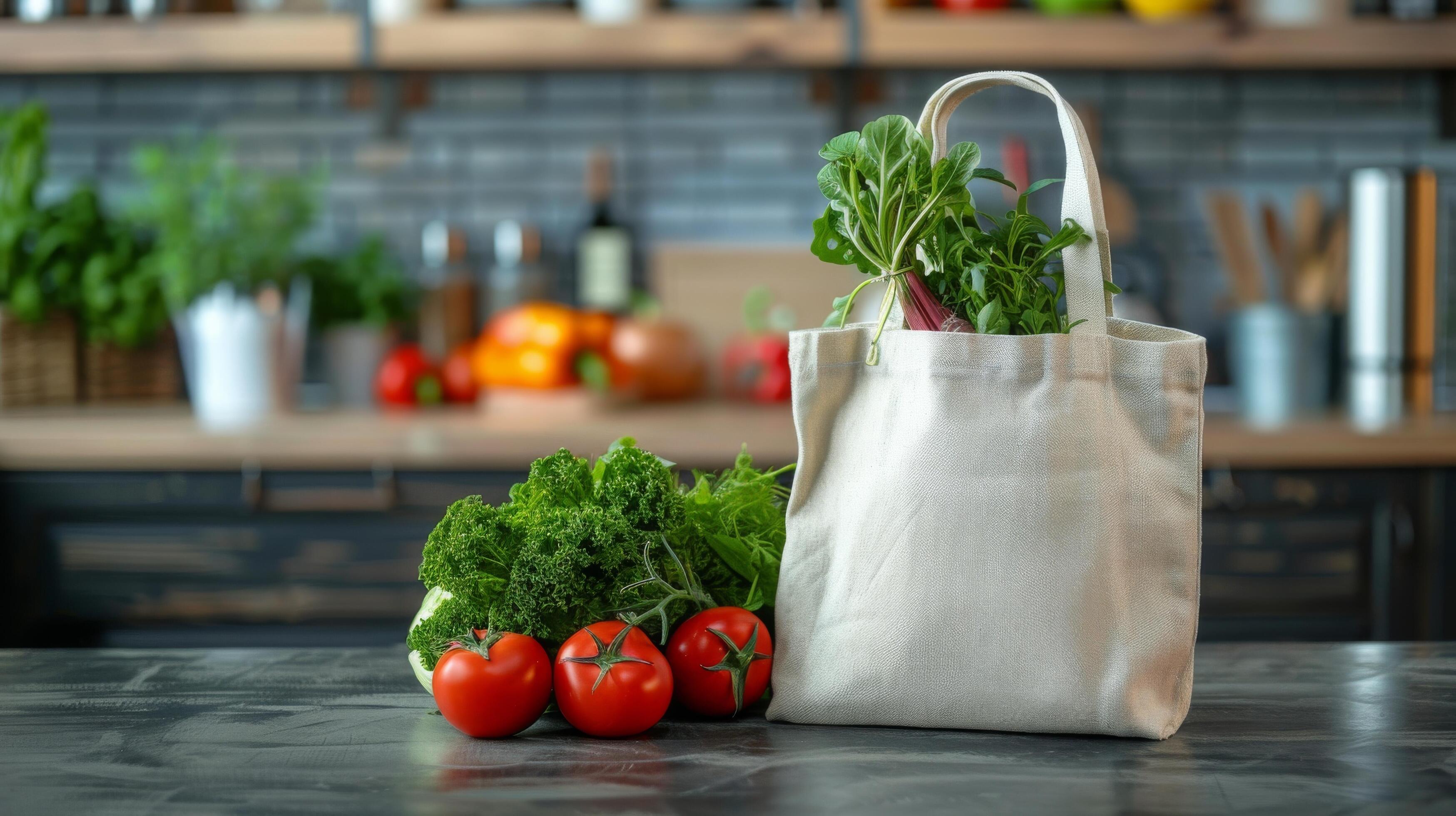 Tote Bag Full of Vegetables on Counter Stock Free