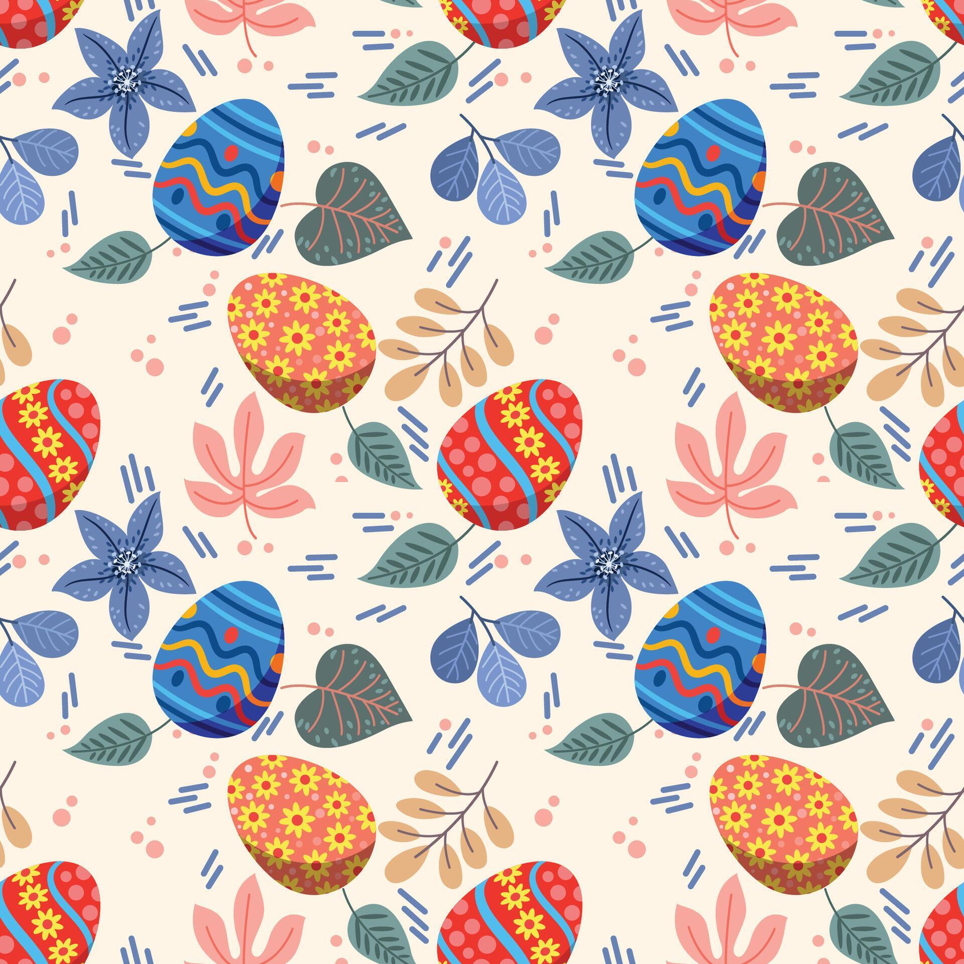 Cute colorful Easter egg with flowers and leaf seamless pattern Stock Free