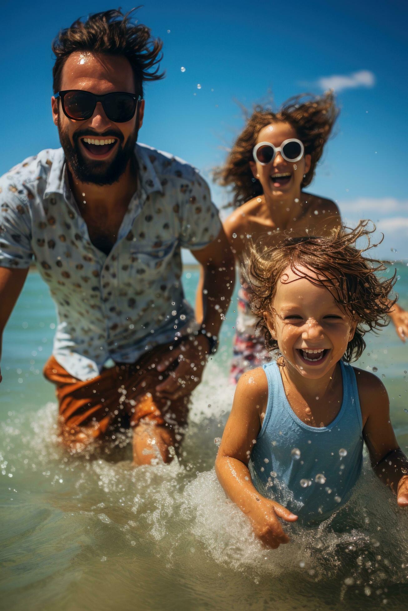 Playful family splashing and swimming in the clear blue water Stock Free