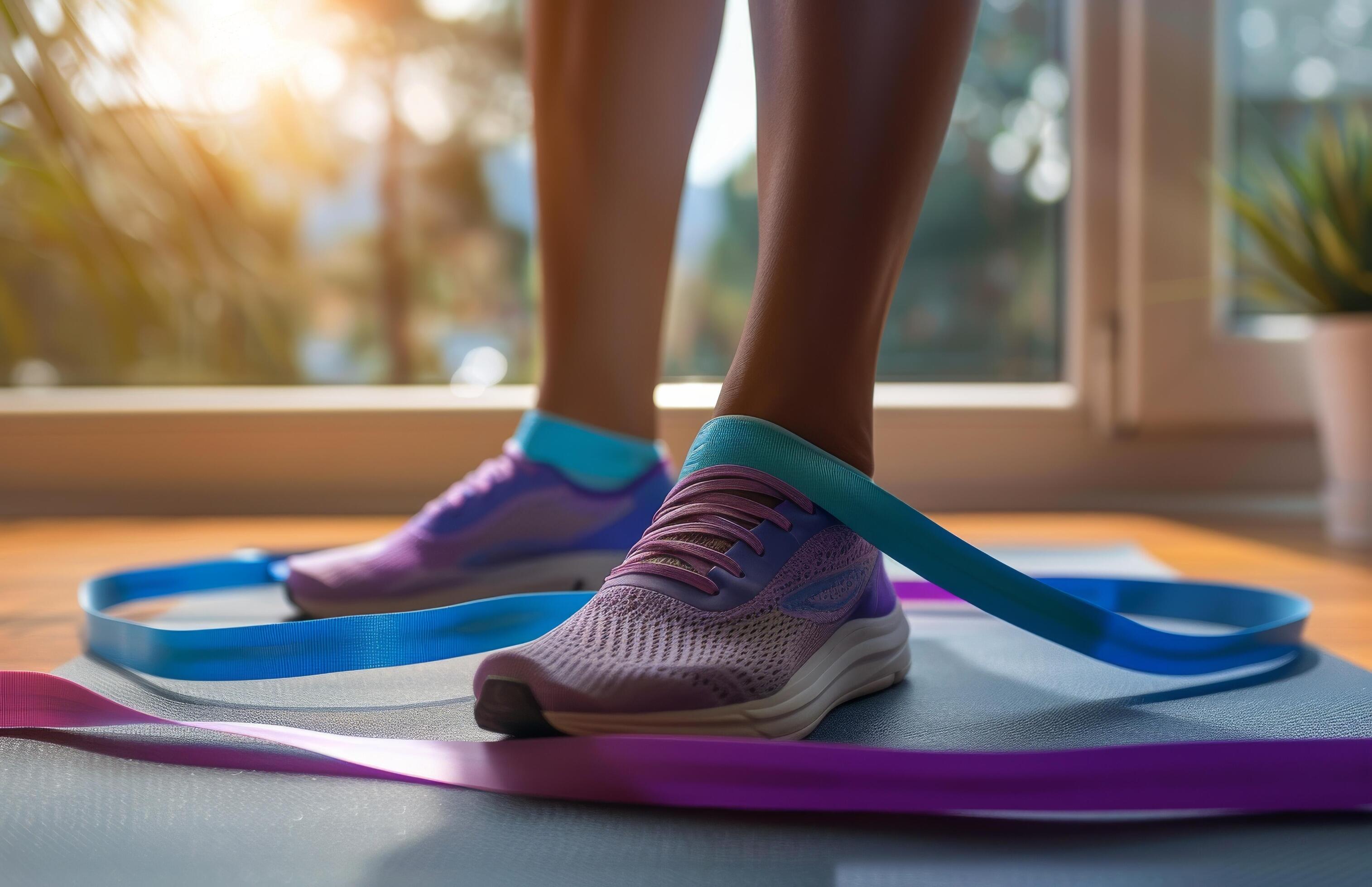 Closeup of a Runners Foot Stepping on a Blue Exercise Mat During a Workout Stock Free