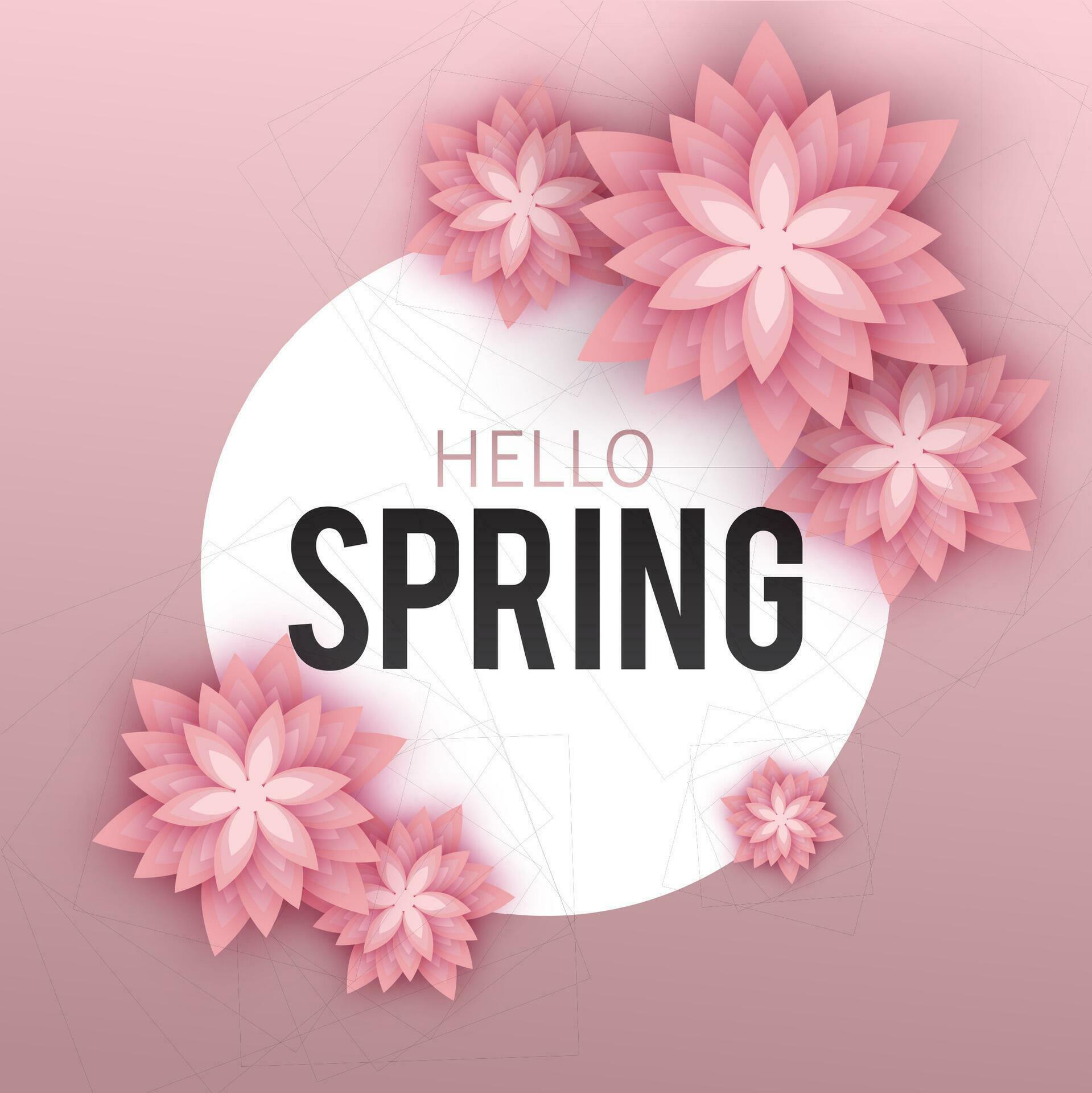 Hello Spring, floral greeting card, paper flowers. Banner with realistic paper flowers. Vector illustration Stock Free