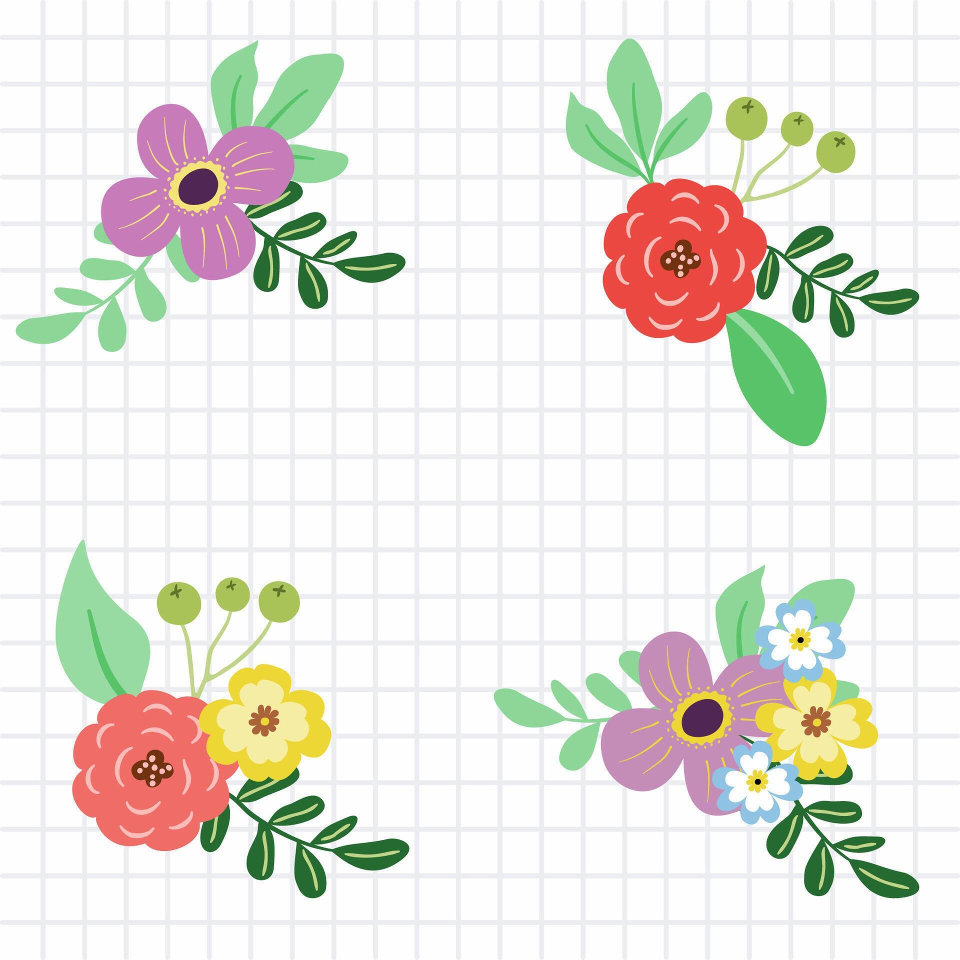 Hand drawn blooming colorful flower bouquet decoration with grid background on white for textile, fabric, surface design, wrapping paper, wallpaper Stock Free