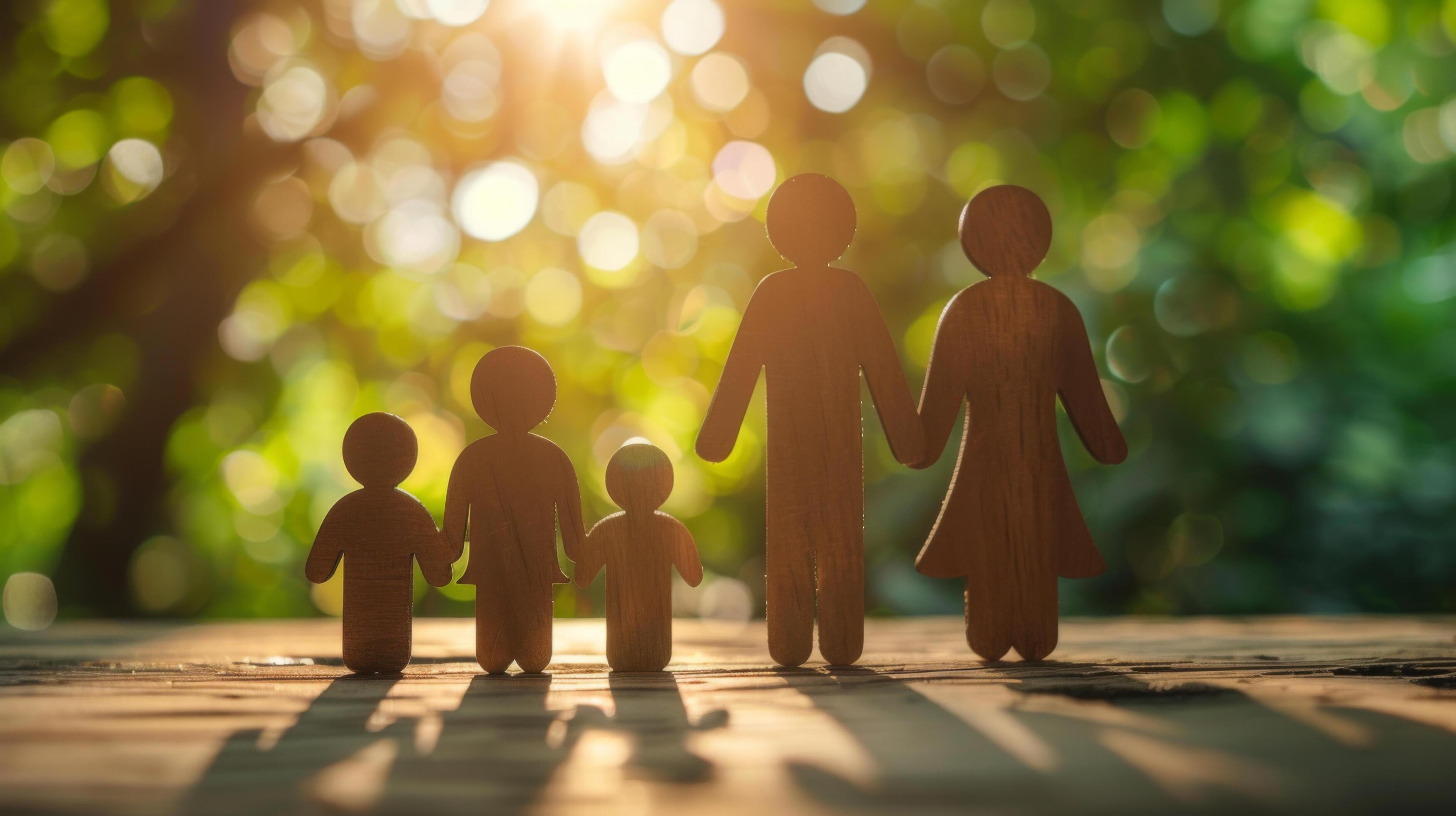 Silhouetted wooden family figures standing on a surface with warm sunlight and green bokeh background, symbolizing unity and togetherness. Stock Free