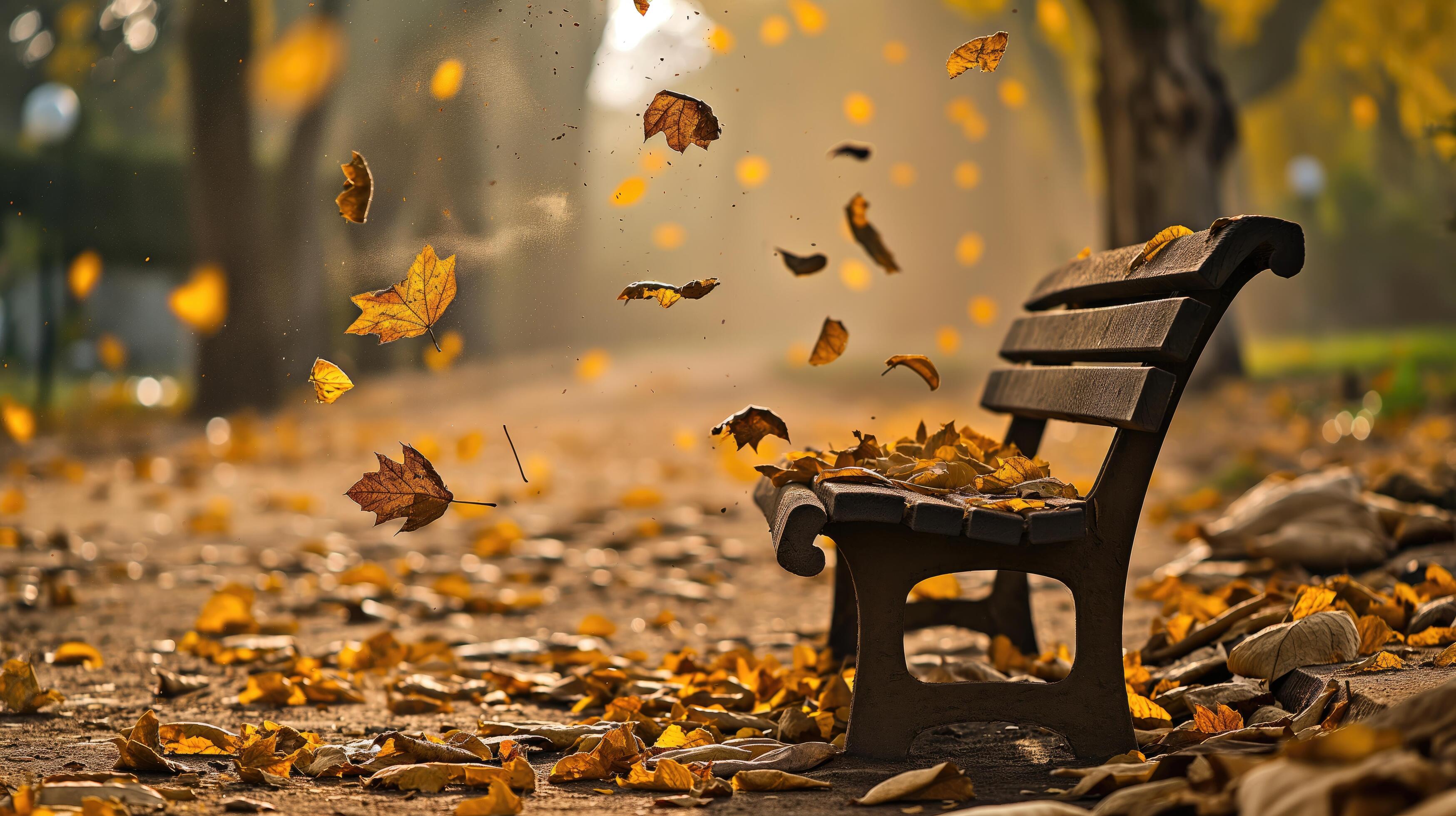 rustic bench in a park at autumn with golden leaves gently falling around Stock Free