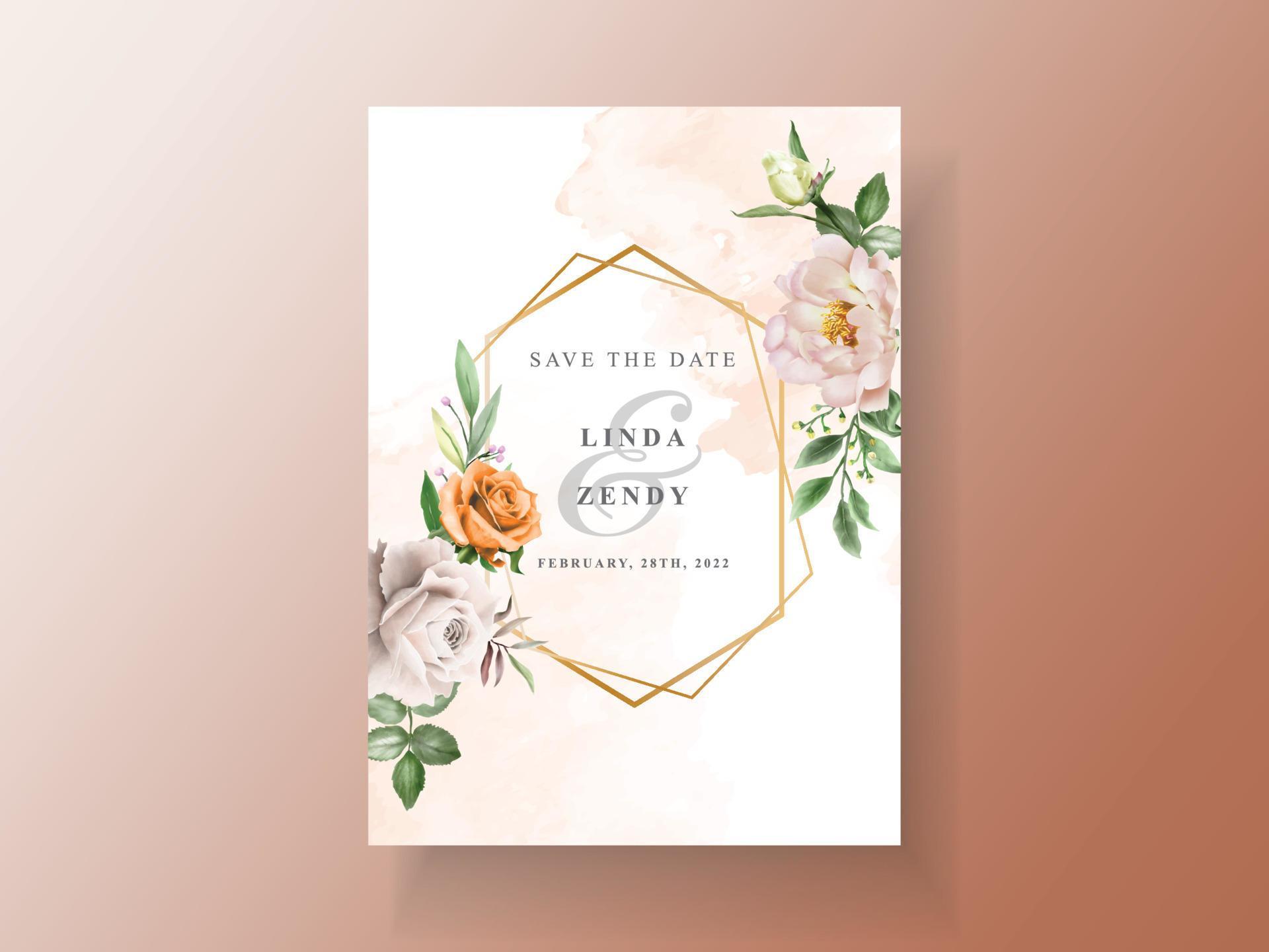 Beautiful wedding invitation card with elegant flower and leaves watercolor Stock Free