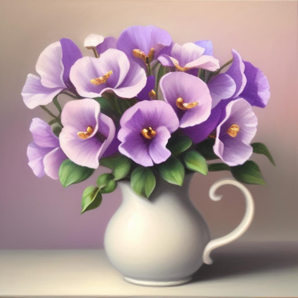 Sweet peas Enchanting,Pale lilac,Ivory,Artwork,Oil by @ai_generated