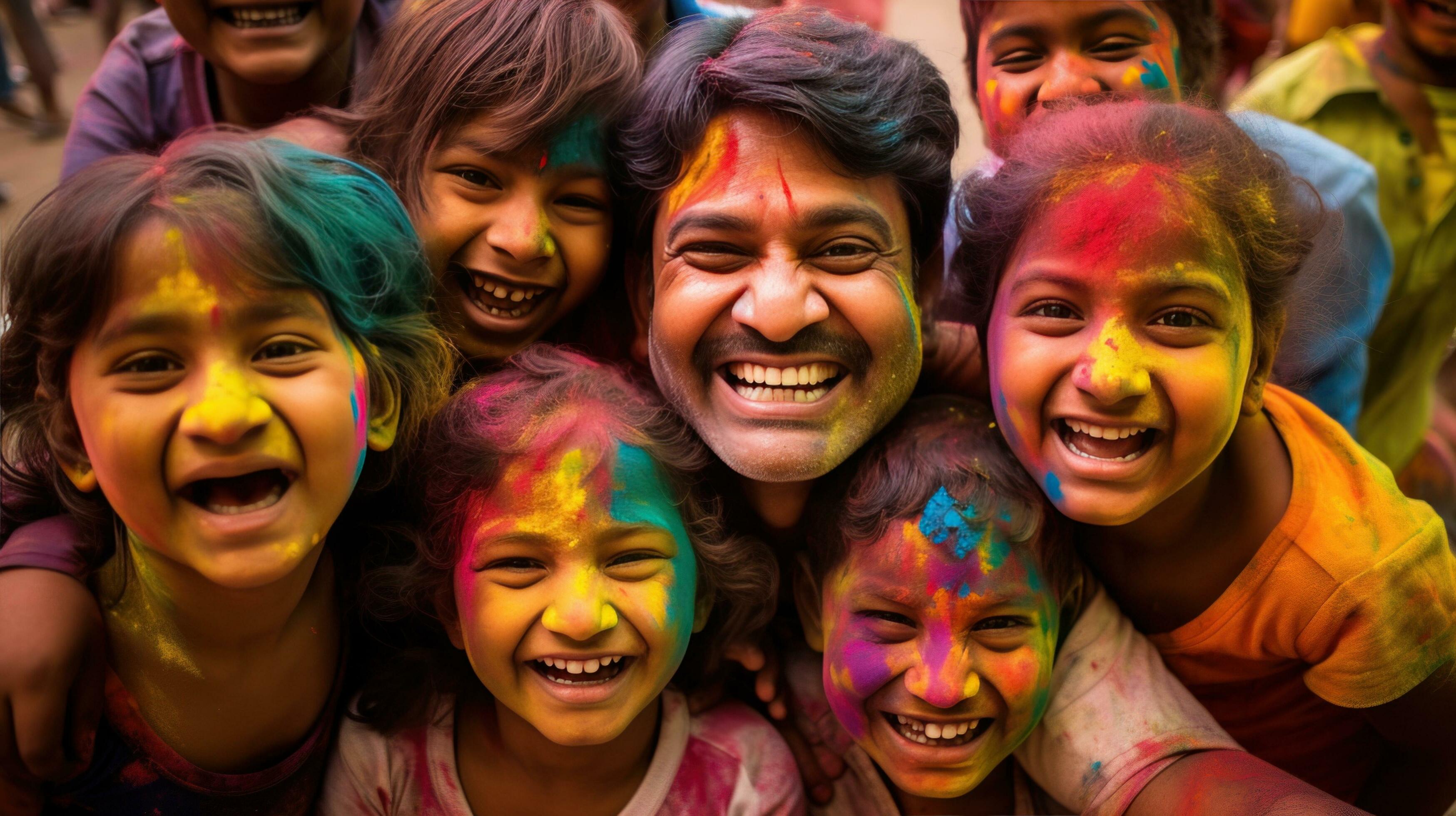 AI generated A heartwarming image featuring a family enjoying Holi together, with smiles and laughter all around. Stock Free