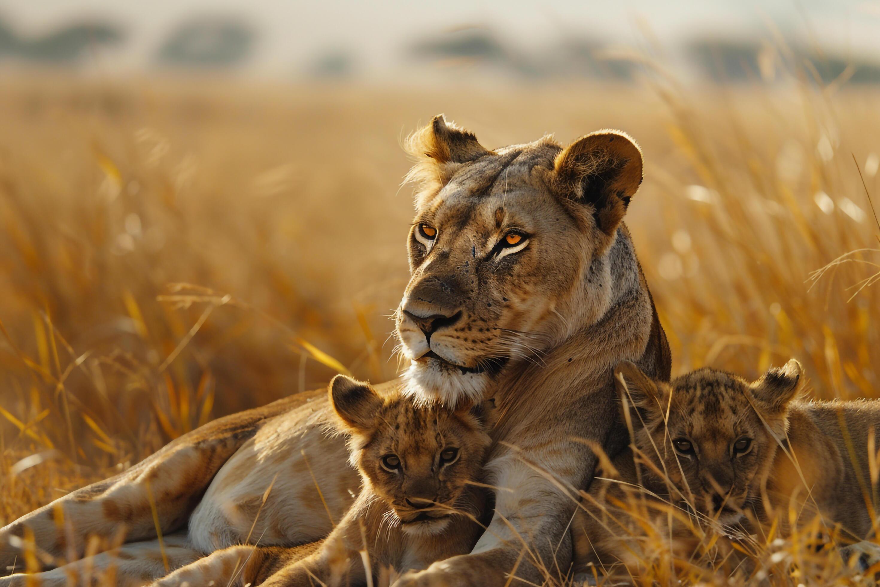 Lioness with cubs in the savannah. nature background. warm. familial scene with natural beauty and playful interaction Stock Free