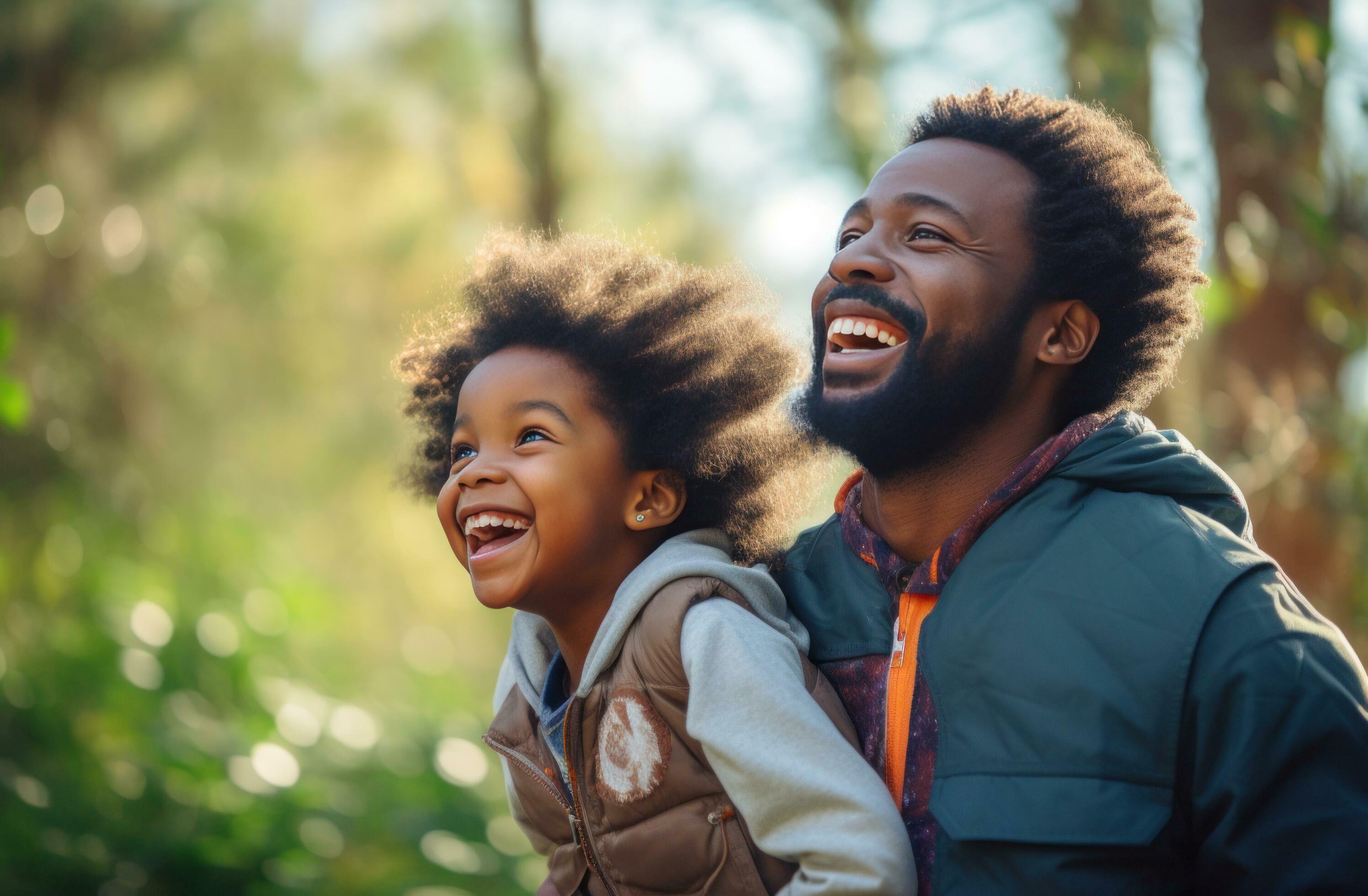 AI generated black african dad and daughter in the nature happy family Stock Free