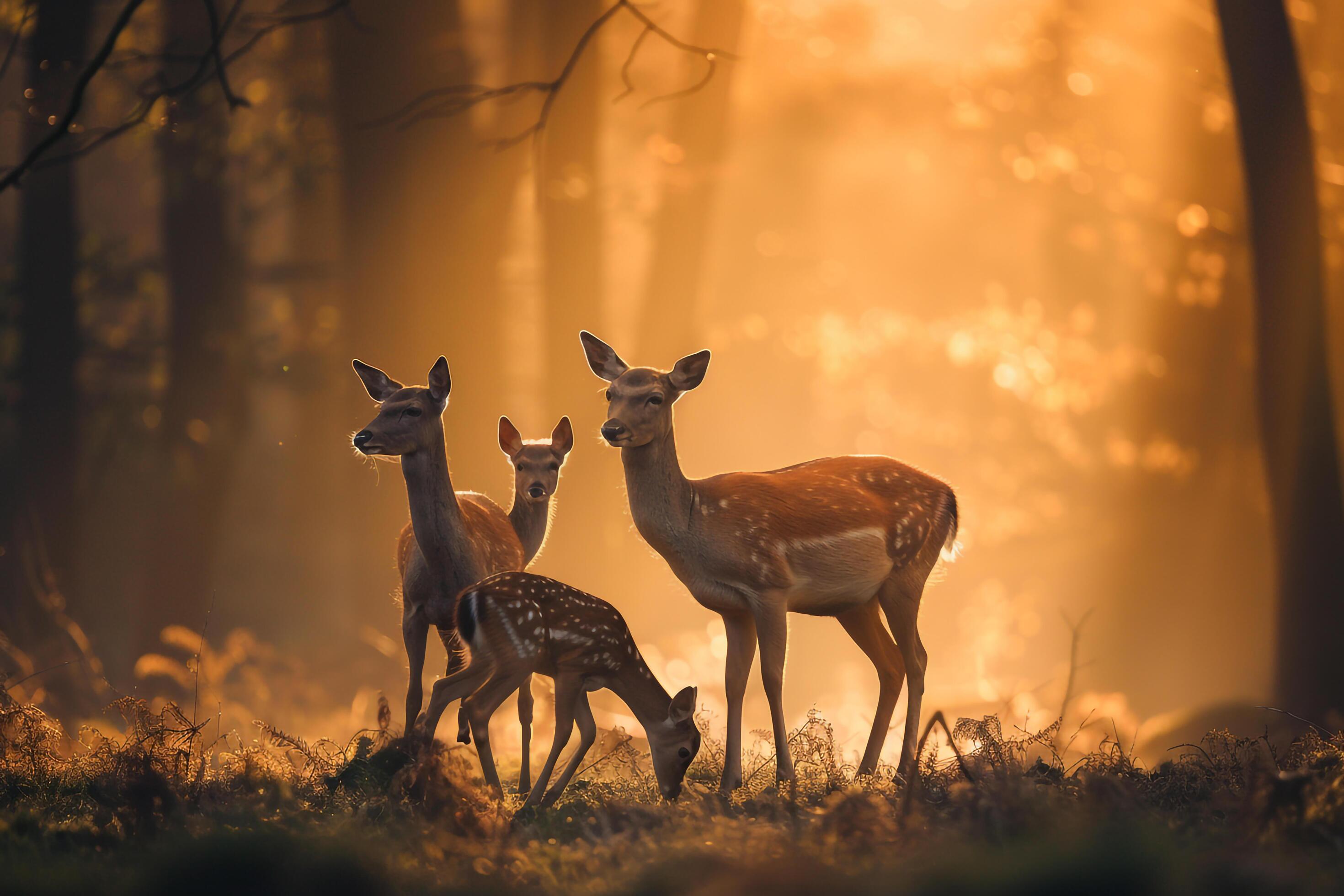 family of deer grazing in a forest clearing at dawn nature background Stock Free