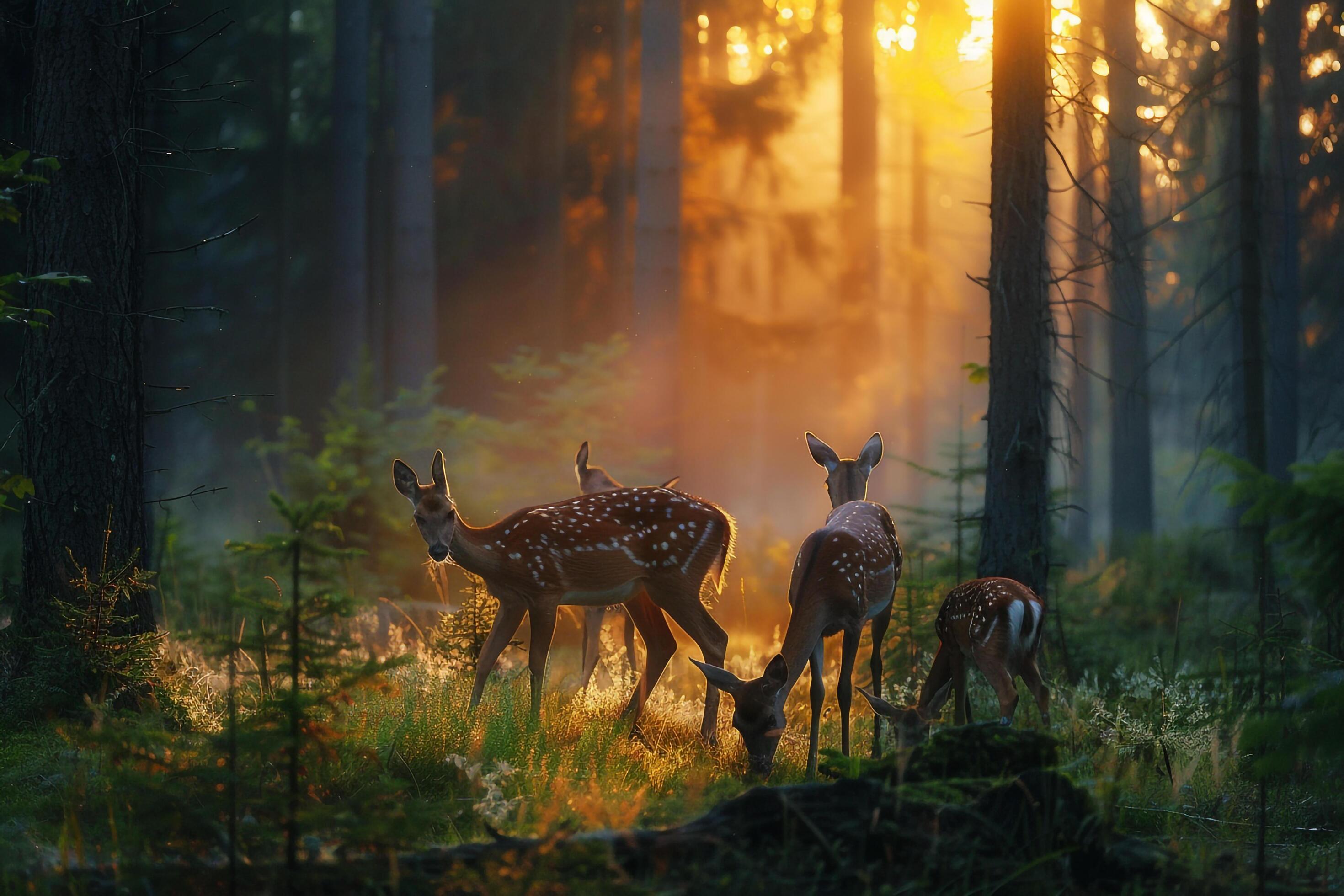 family of deer grazing in a forest clearing at dawn nature background Stock Free