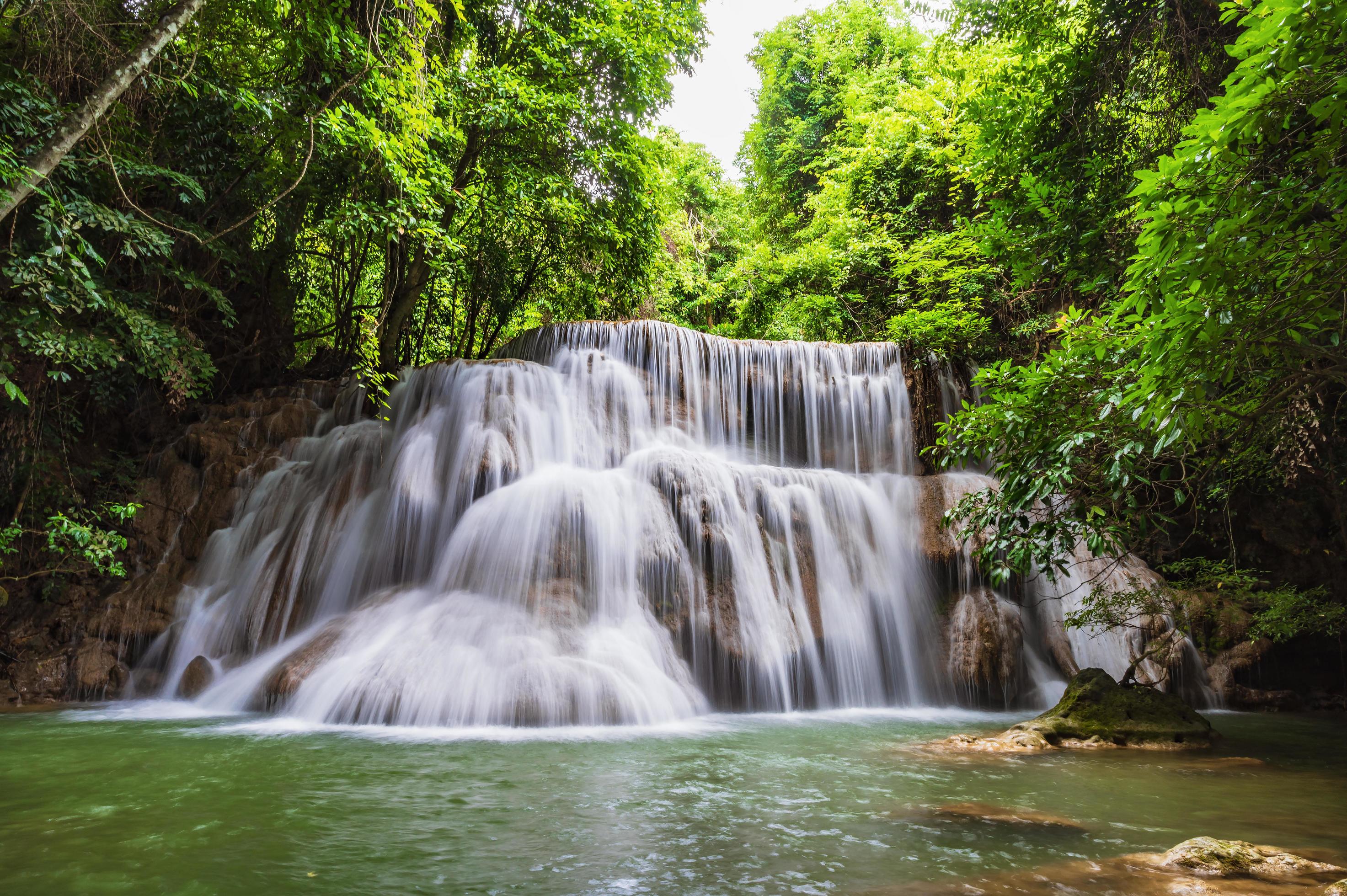 Landscape of Huai mae khamin waterfall Srinakarin national park at Kanchanaburi thailand.Huai mae khamin waterfall third floor Wangnapa Stock Free