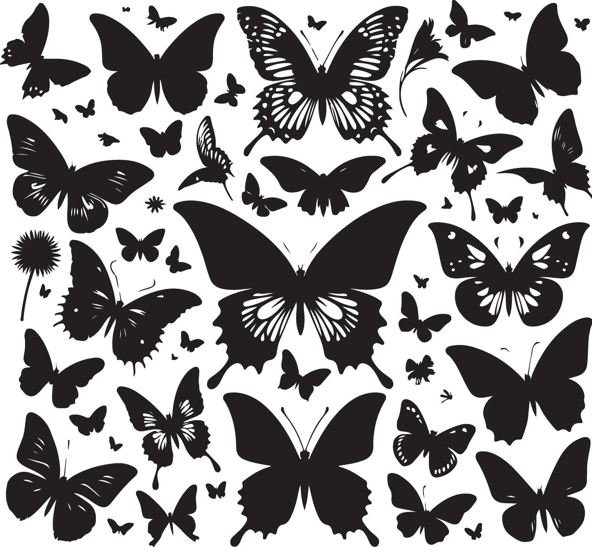 Butterflies and flowers, pattern with butterflies, set of butterflies, Flying butterflies silhouette black set isolated on white background Stock Free